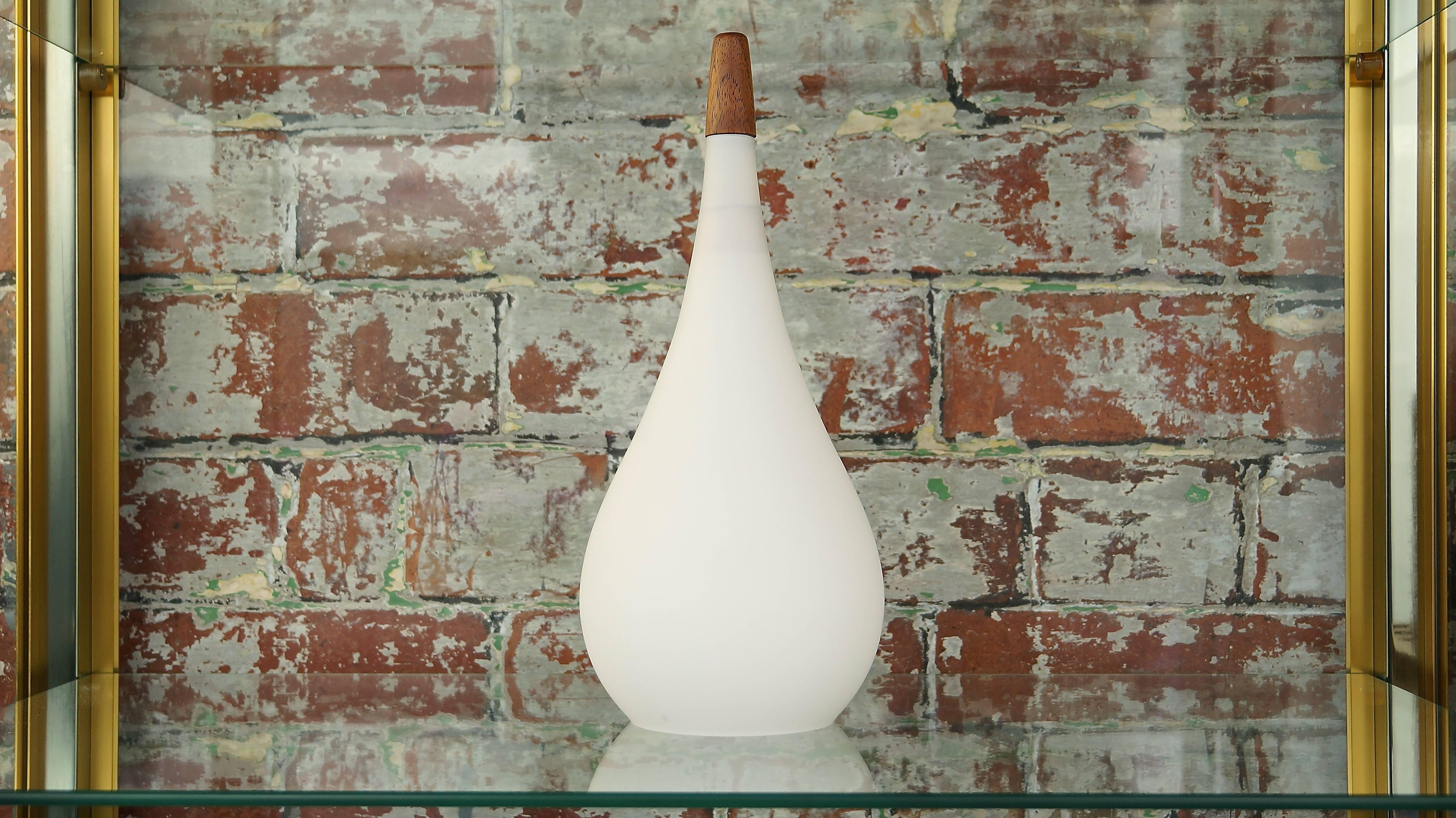 Blown Glass Vintage Danish Holmegaard White Glass Pendant Drop Ceiling Light Teak Finial