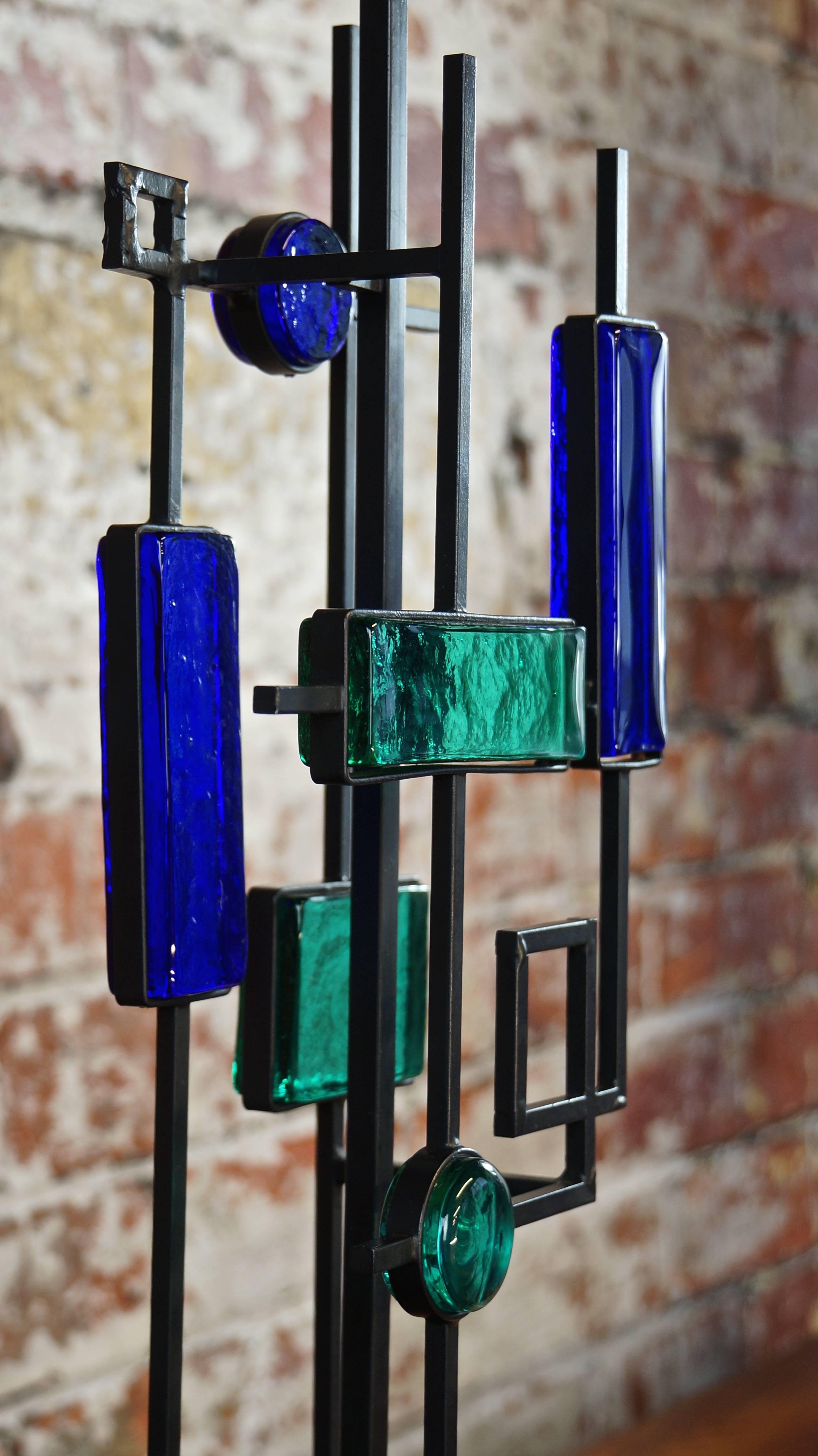 Geometric Table Lamp, Iron Frame & Blue Glass by Svend Aage Holm Sorensen 2