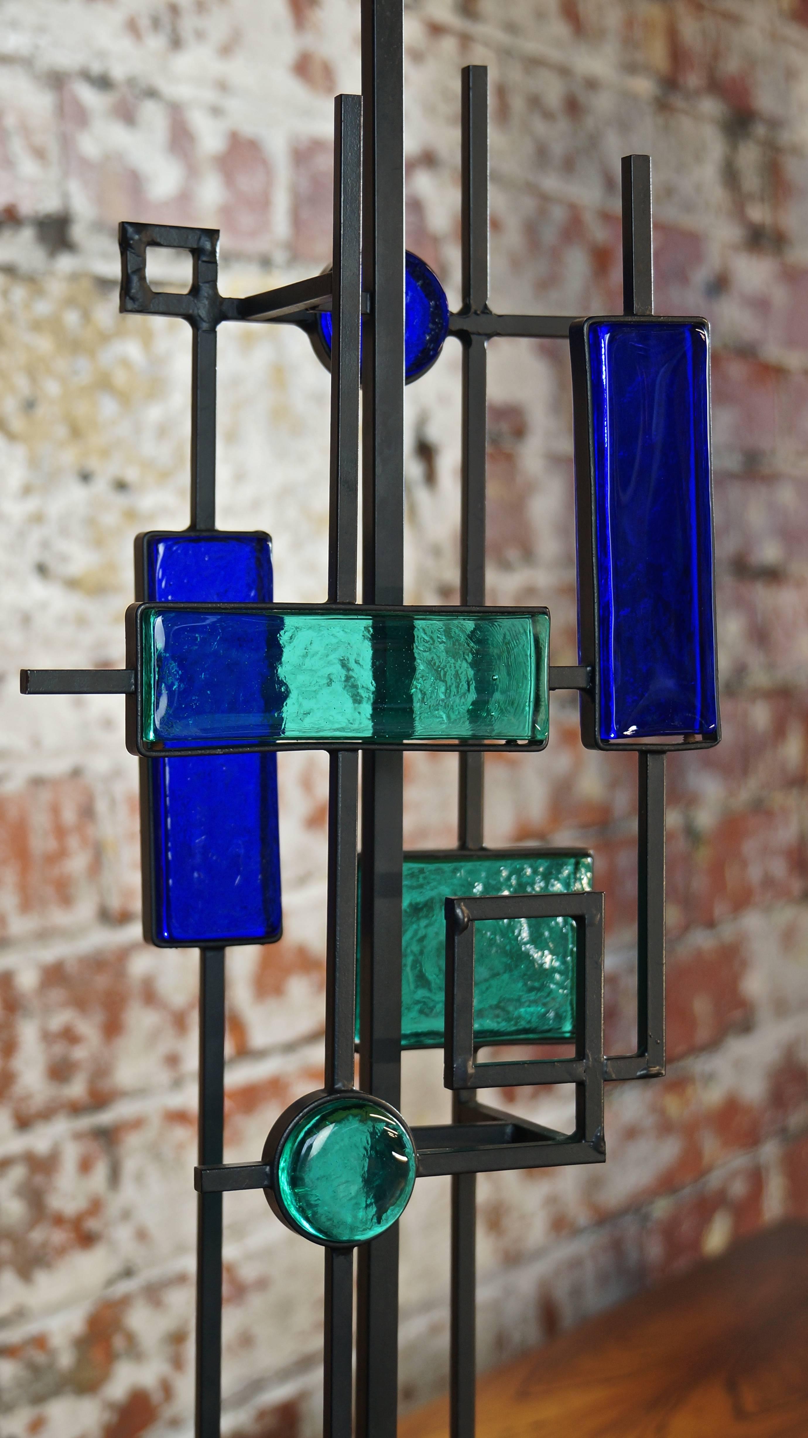 Geometric Table Lamp, Iron Frame & Blue Glass by Svend Aage Holm Sorensen 1