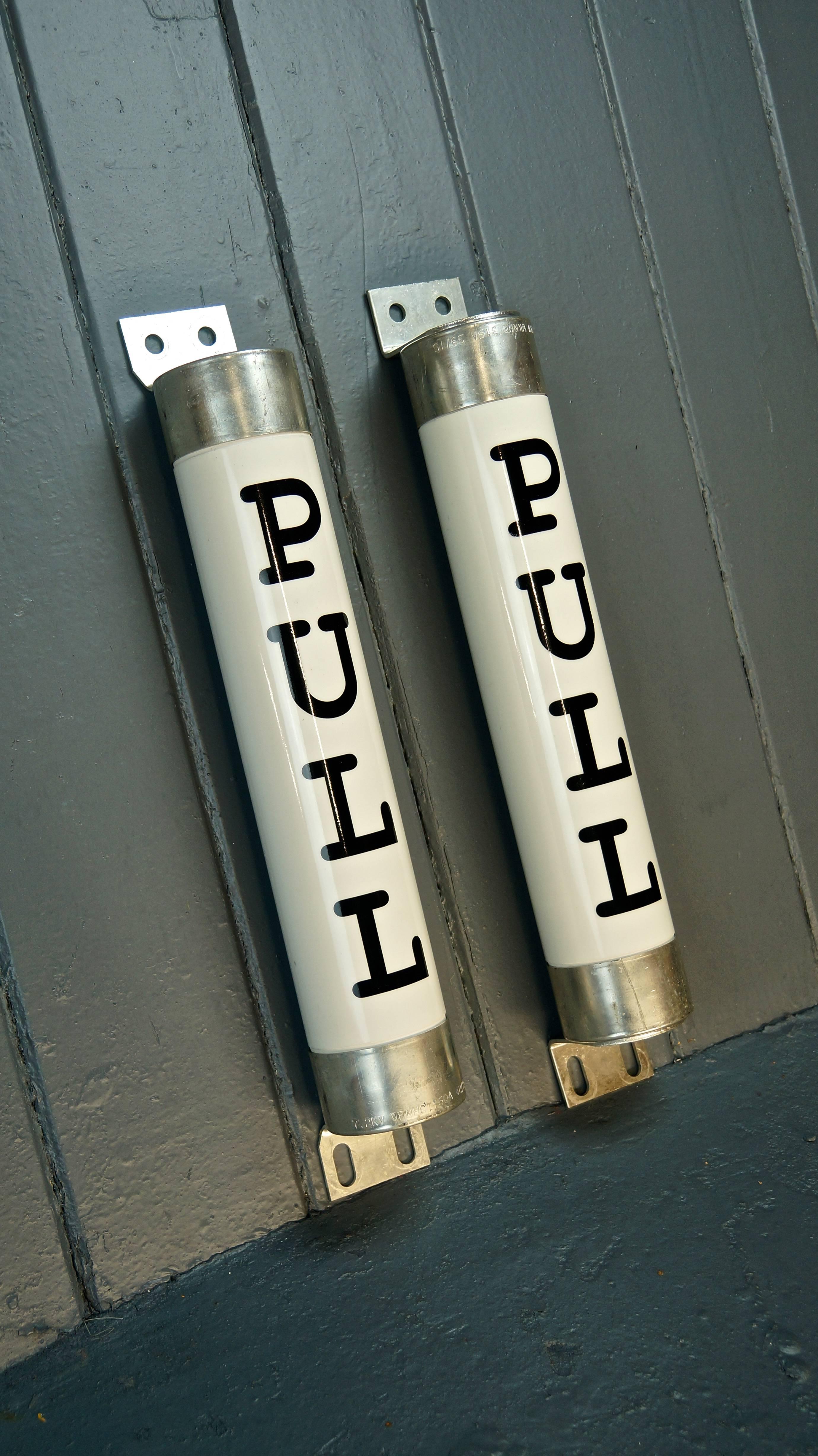 Late 20th Century Industrial Glazed Porcelain 7.2 Kilovolt Fuses Converted into Door Handles, Pair