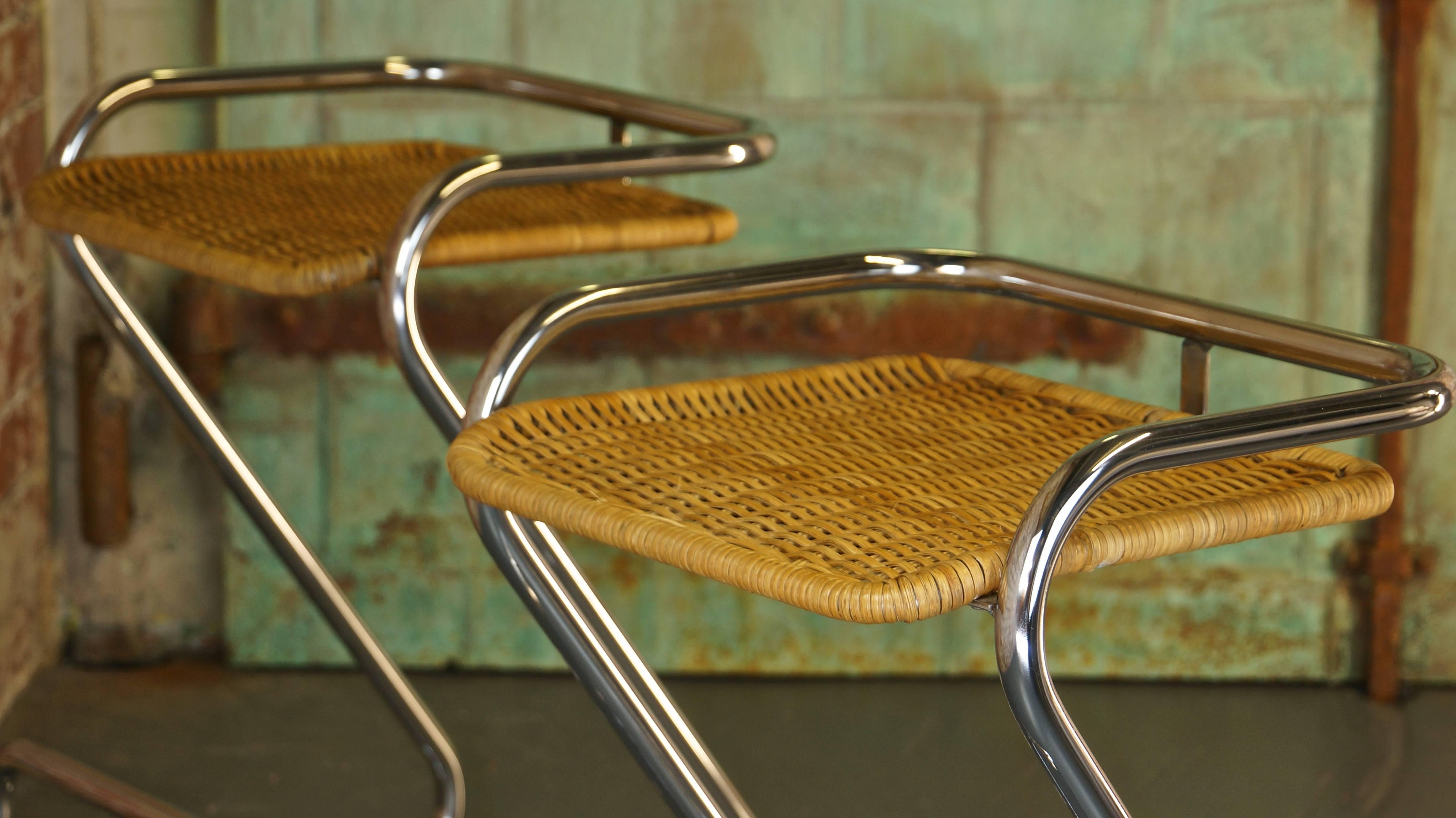 20th Century Pair of Vintage Italian Chrome and Wicker Bar Stools or Counter Stools, Mariani