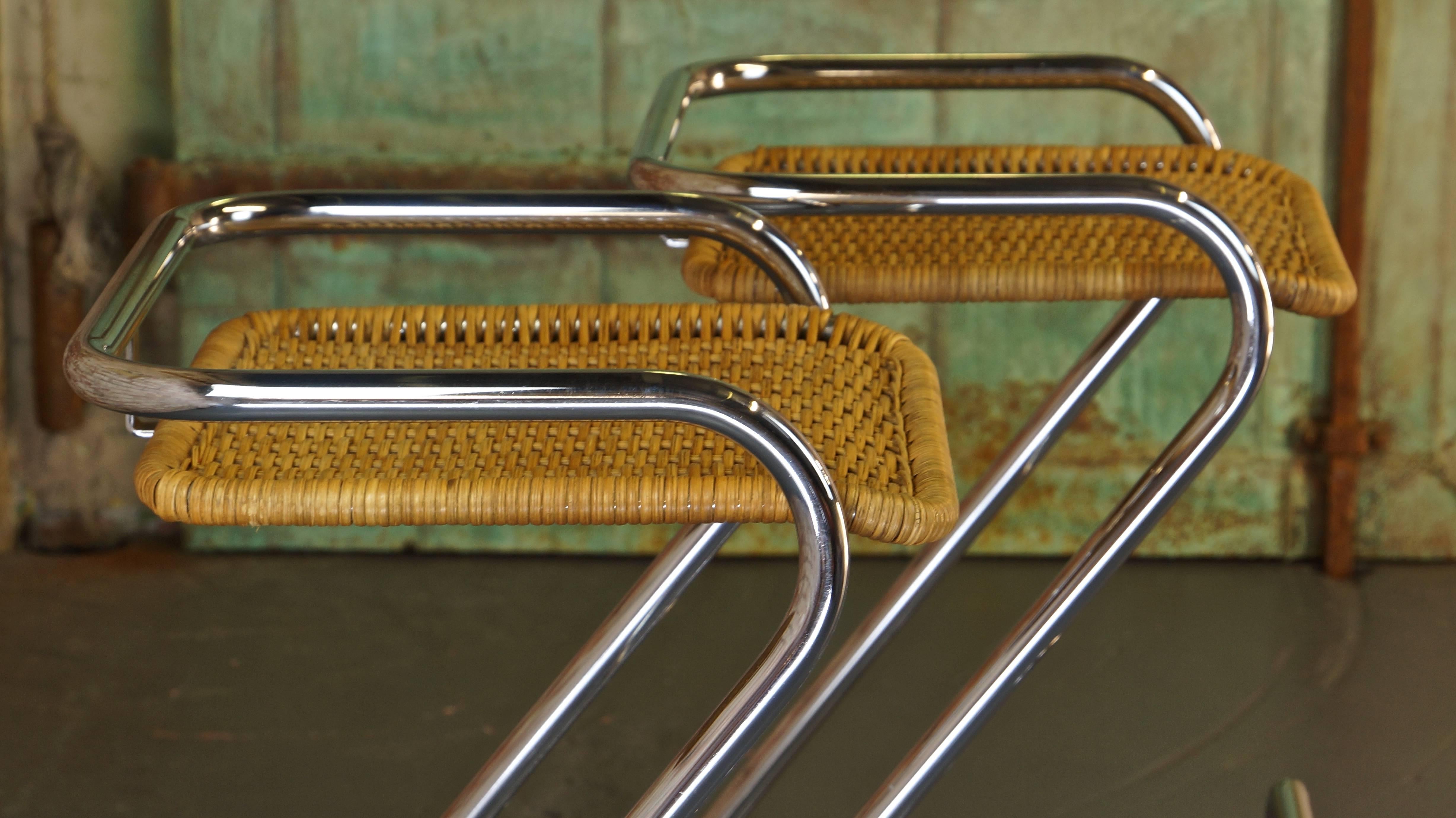 Pair of Vintage Italian Chrome and Wicker Bar Stools or Counter Stools, Mariani 1