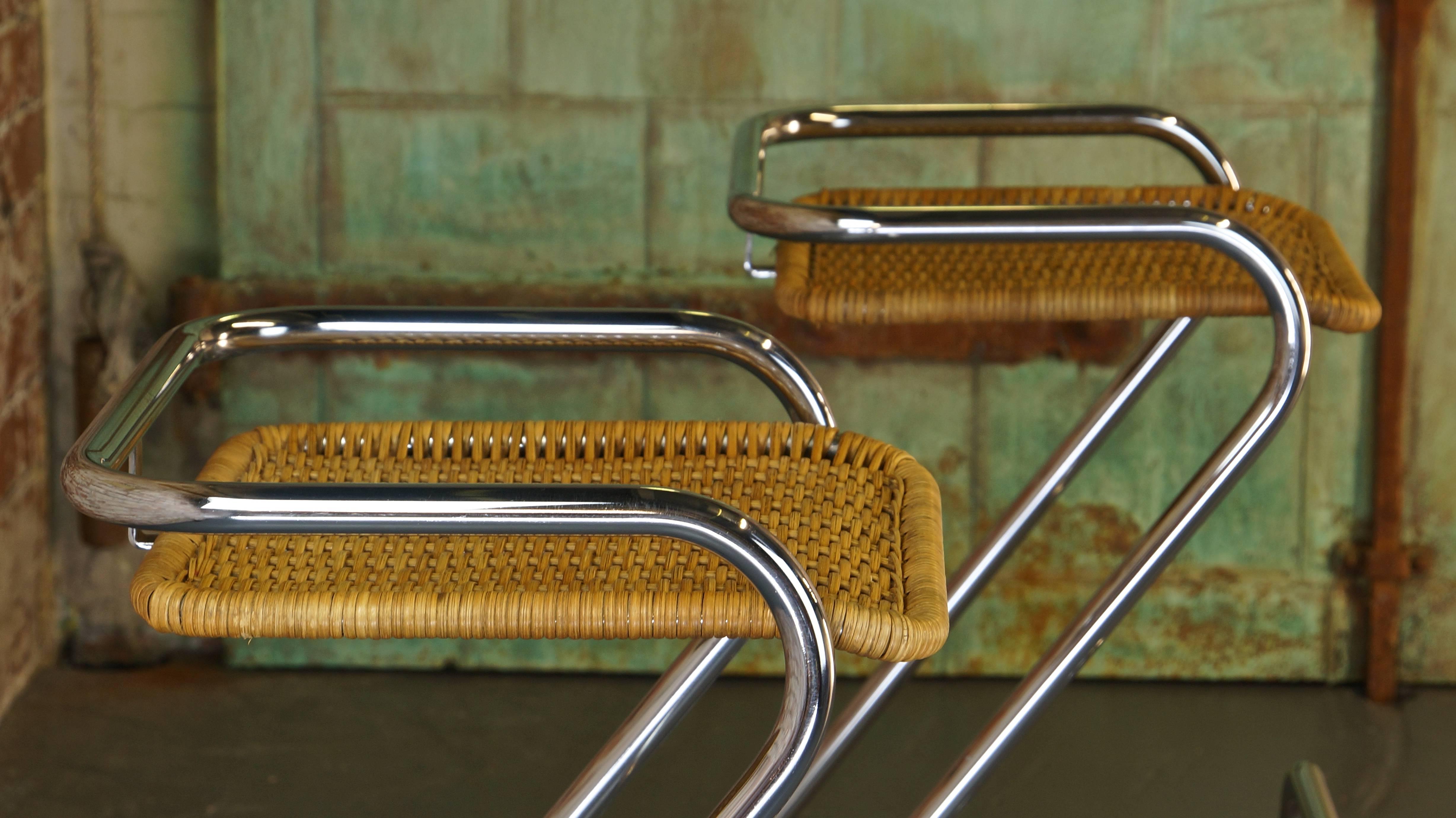 Steel Pair of Vintage Italian Chrome and Wicker Bar Stools or Counter Stools, Mariani