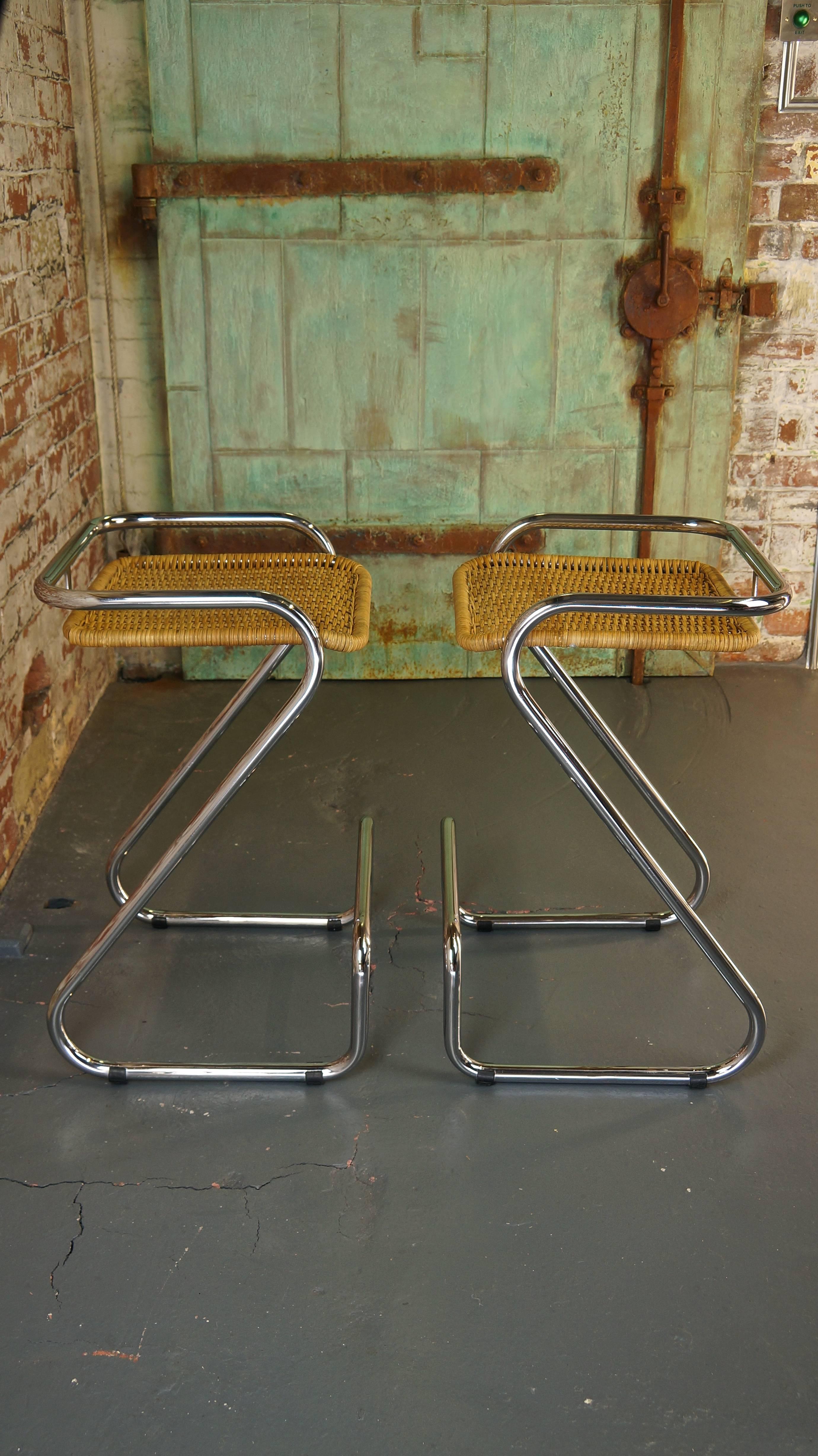 Pair of Vintage Italian Chrome and Wicker Bar Stools or Counter Stools, Mariani 2