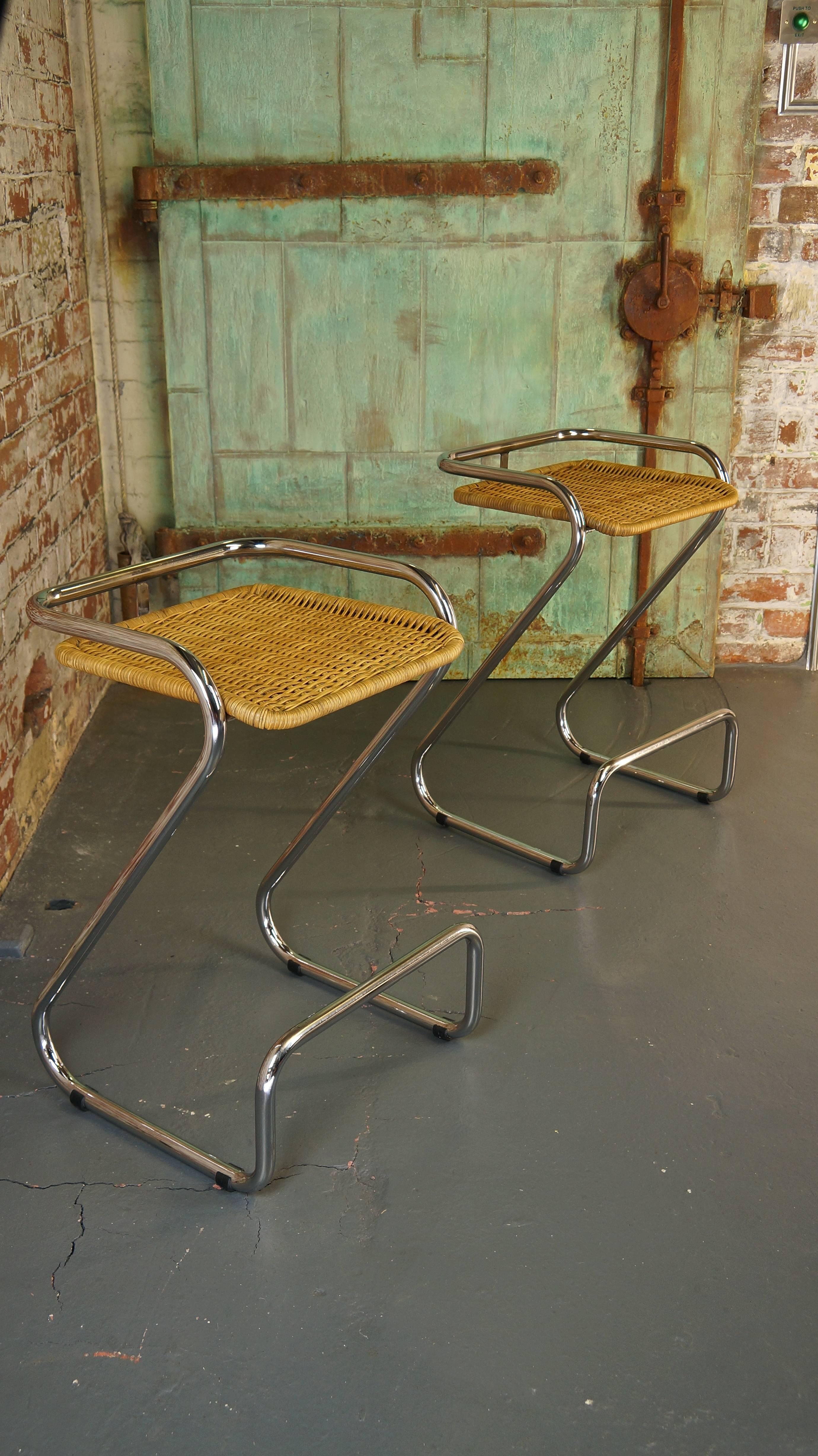 Pair of Vintage Italian Chrome and Wicker Bar Stools or Counter Stools, Mariani 3