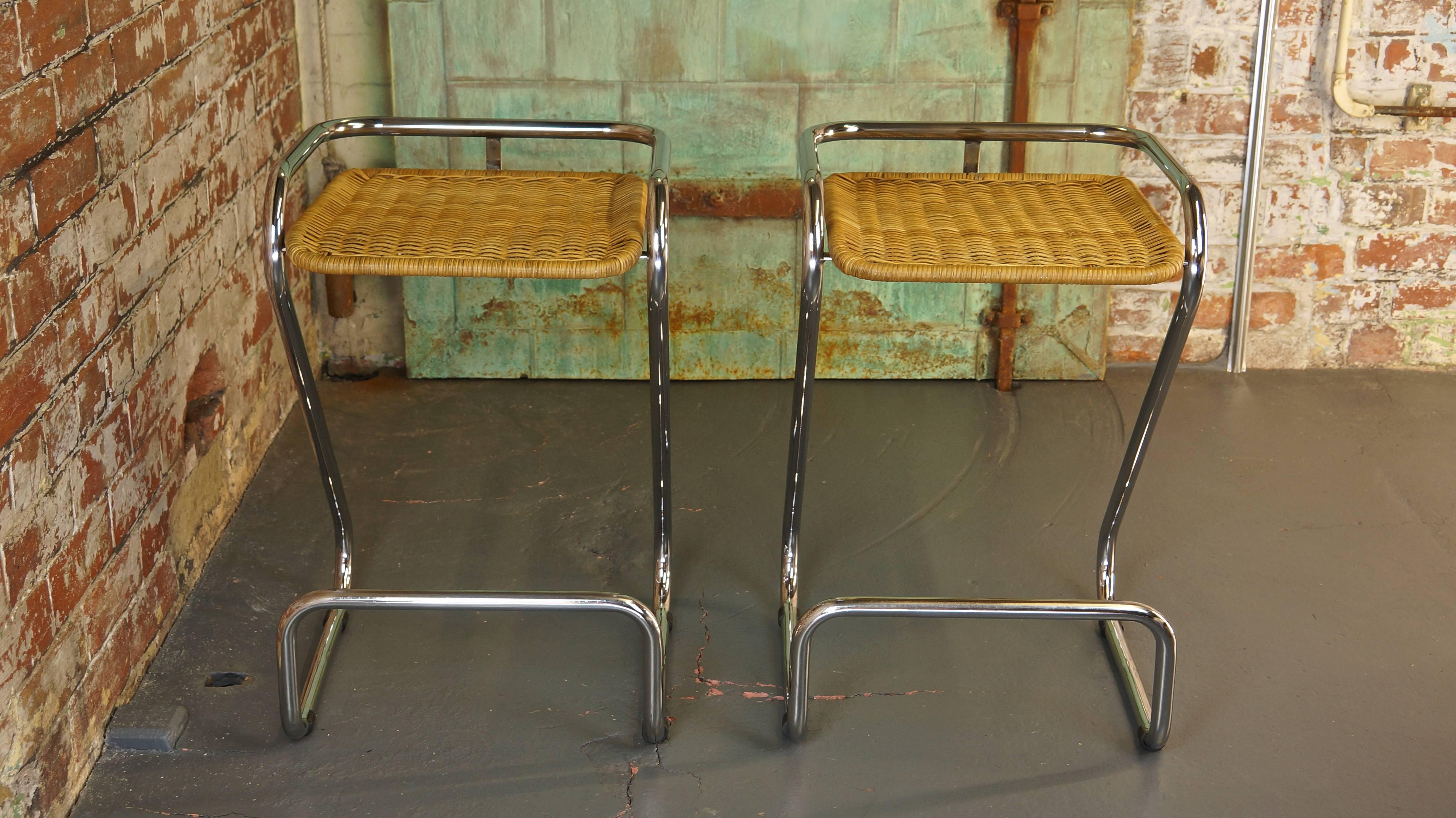 Pair of Vintage Italian Chrome and Wicker Bar Stools or Counter Stools, Mariani In Excellent Condition In Huddersfield, GB