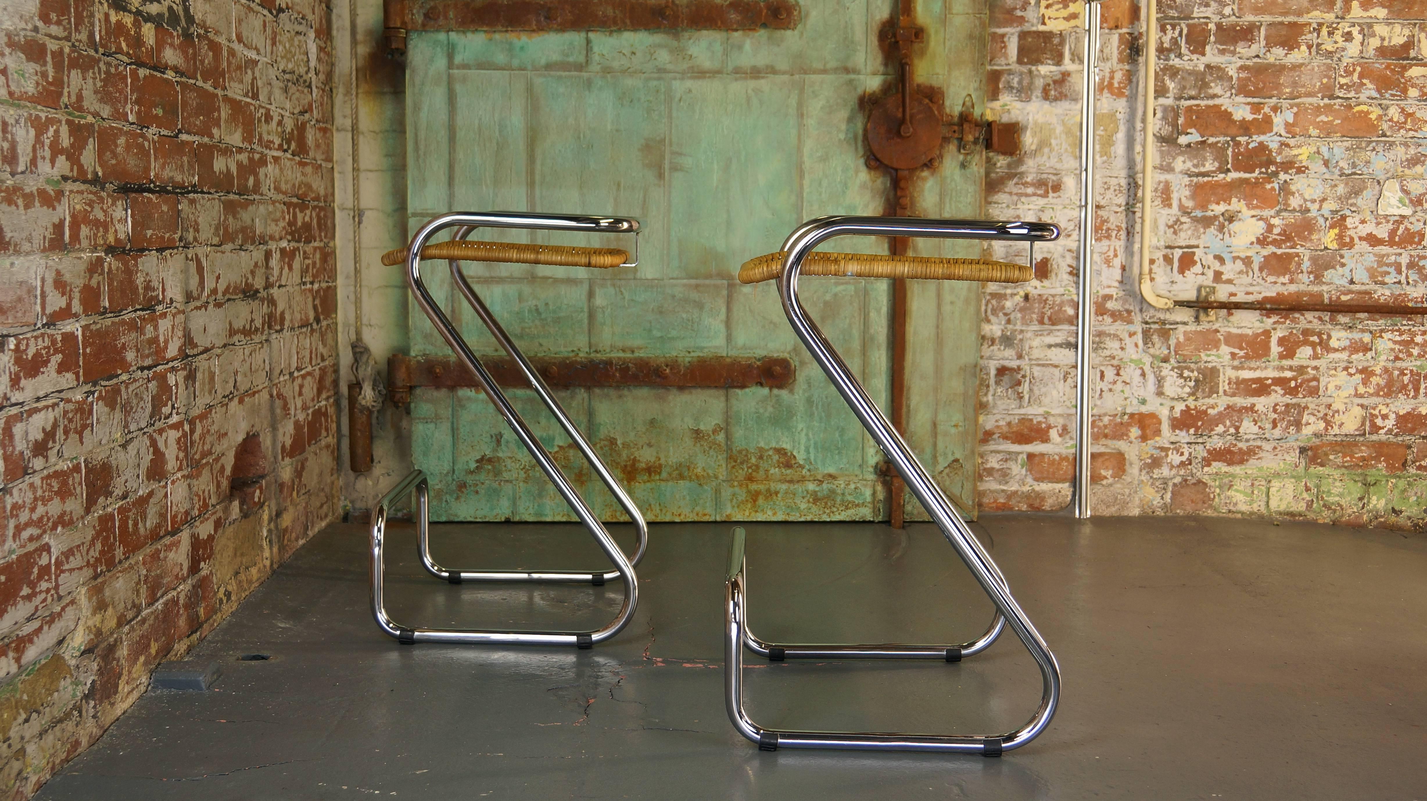Mid-Century Modern Pair of Vintage Italian Chrome and Wicker Bar Stools or Counter Stools, Mariani