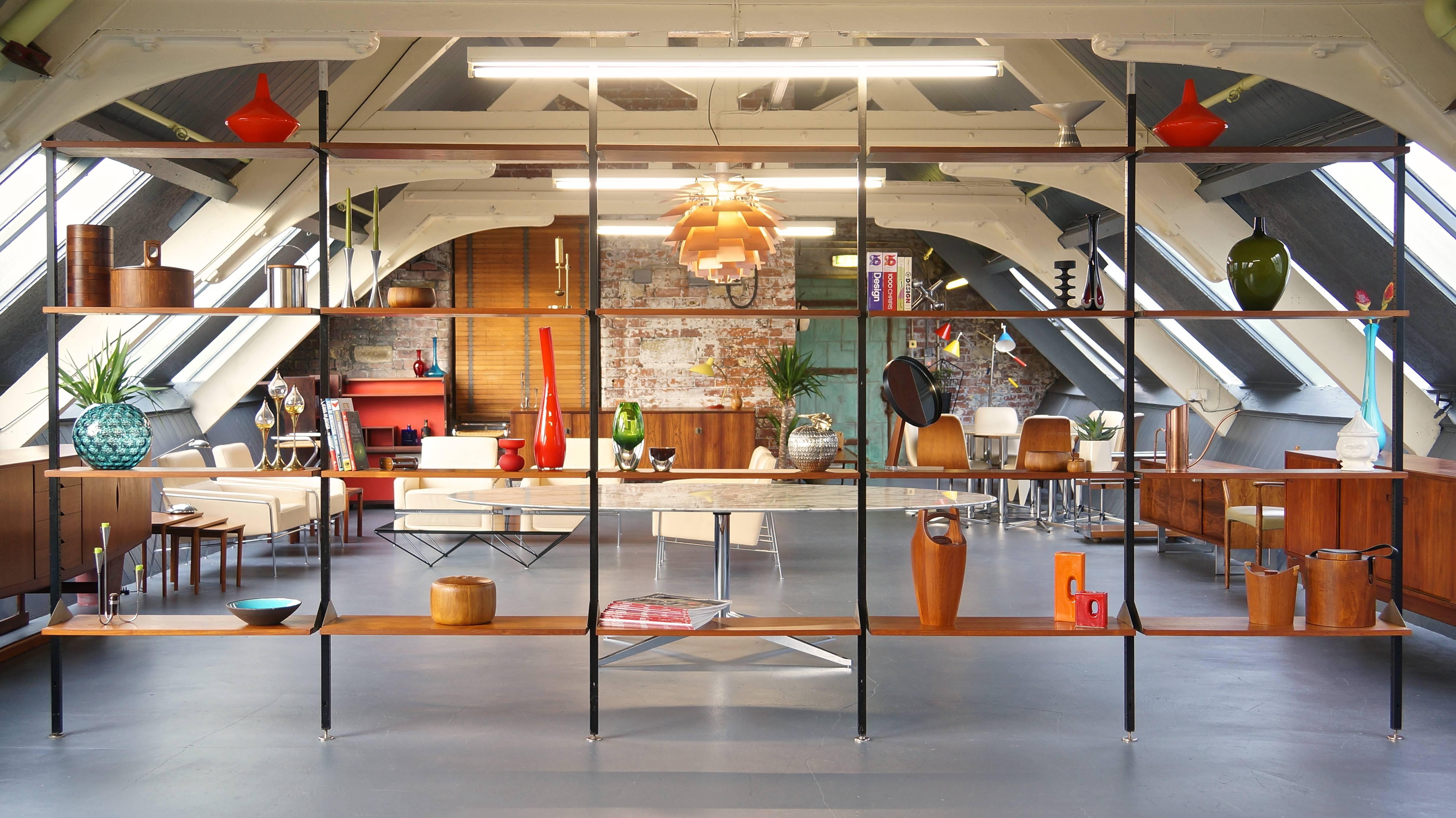 Large vintage 1960s Industrial Midcentury five-bay shelving system, room divider or bookcase.

Very heavy duty, high quality extra height tension pole support shelving from a corporate environment. 

Dimensions as per set up in the