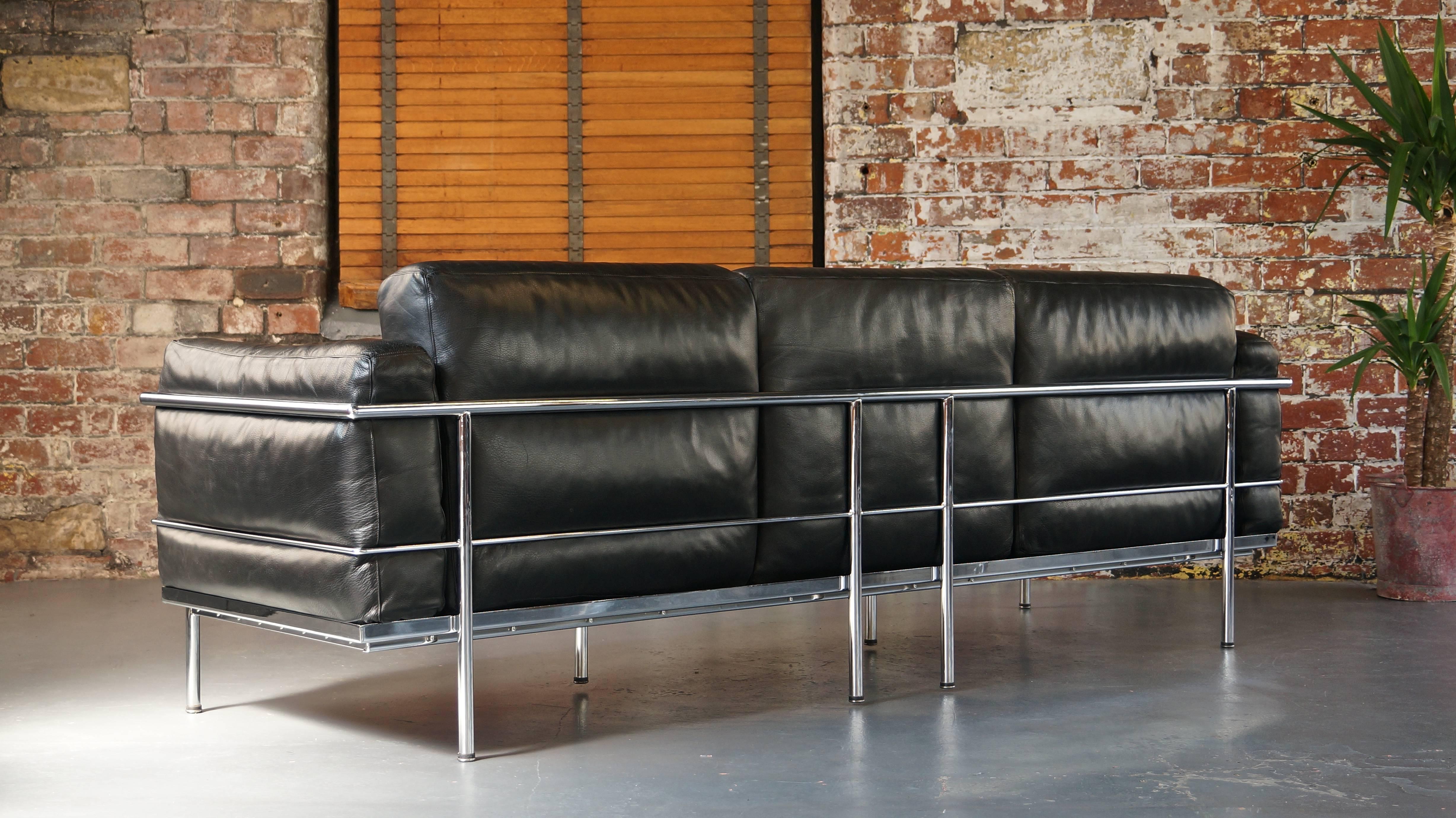 Italian Vintage Black Leather Grand Confort LC3 Three-Seat Sofa, Le Corbusier