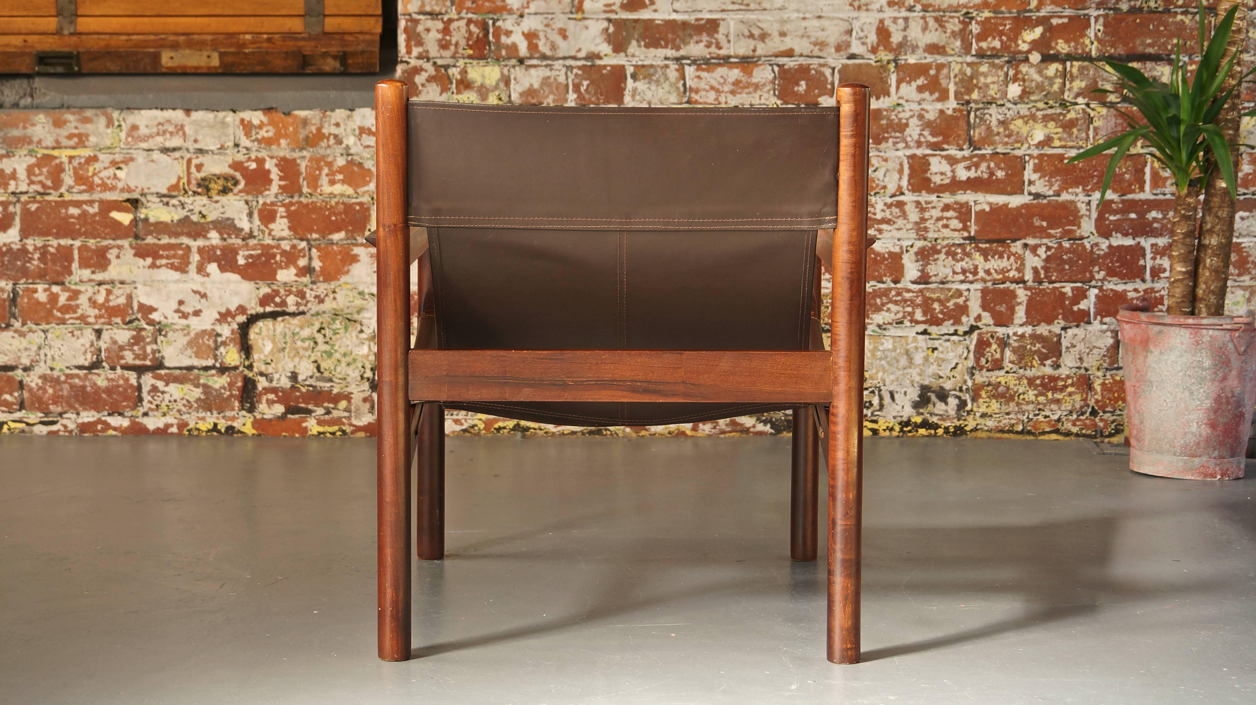 Brazilian Michel Arnoult Roxinho Brown Leather Safari Chair or Sling Chair, Vintage, 1960