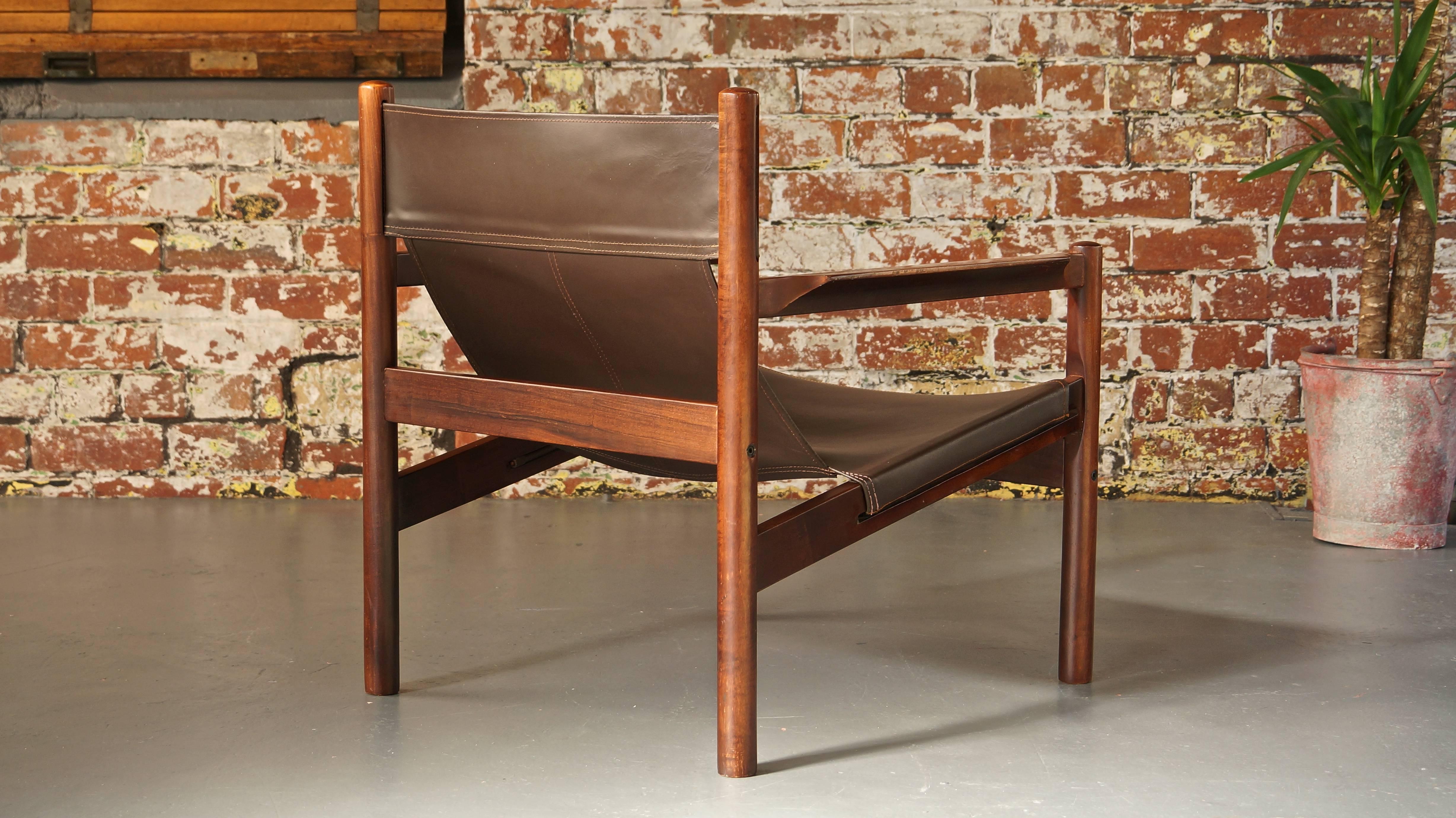 Mid-Century Modern Michel Arnoult Roxinho Brown Leather Safari Chair or Sling Chair, Vintage, 1960