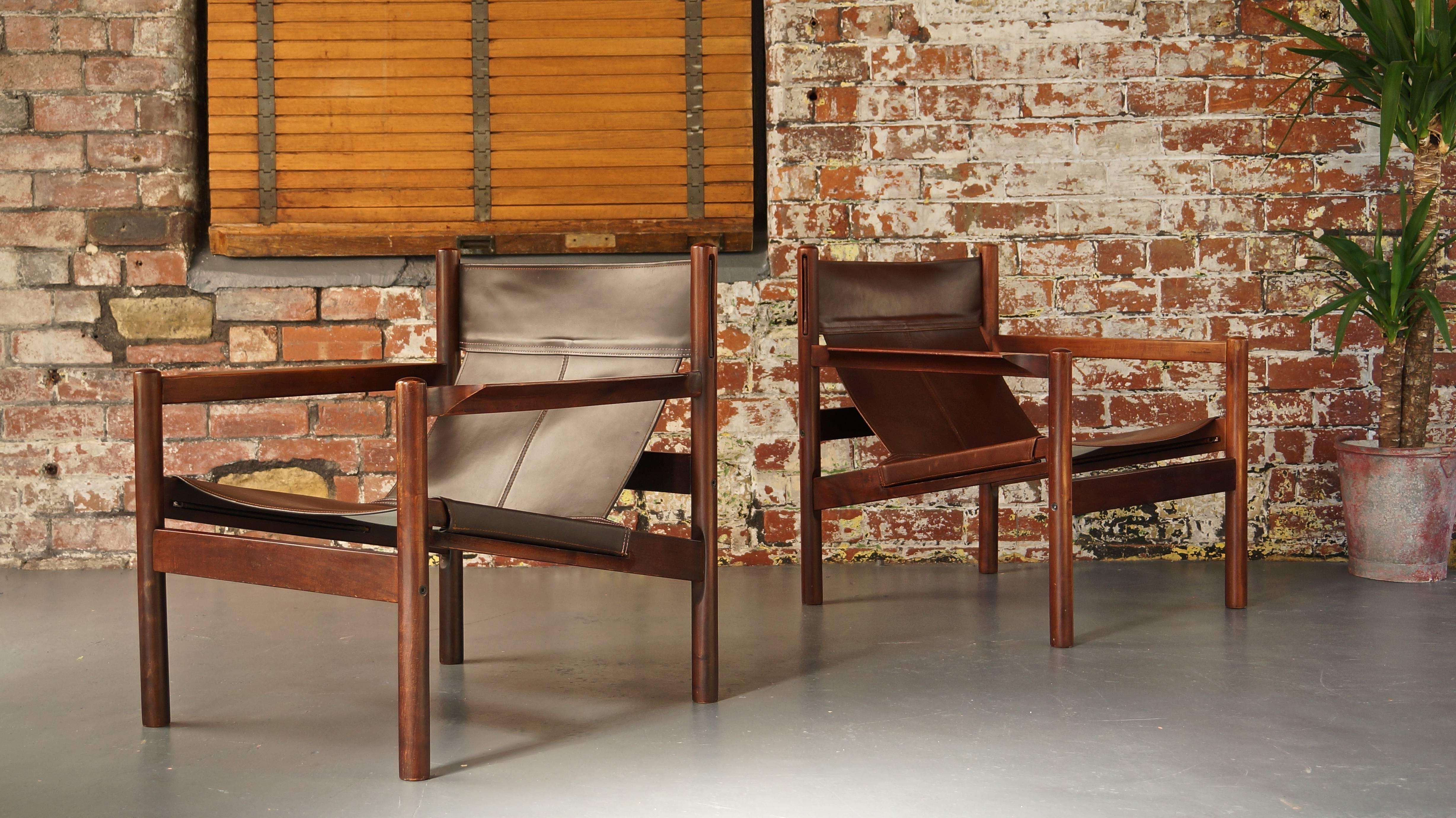 Brown leather safari chair or sling chair
Designed by French designer Michel Arnoult Roxinho in Brazil, circa 1960s

We have a pair available, this example in brown leather and another in a complimentary dark tan leather that came to us as a