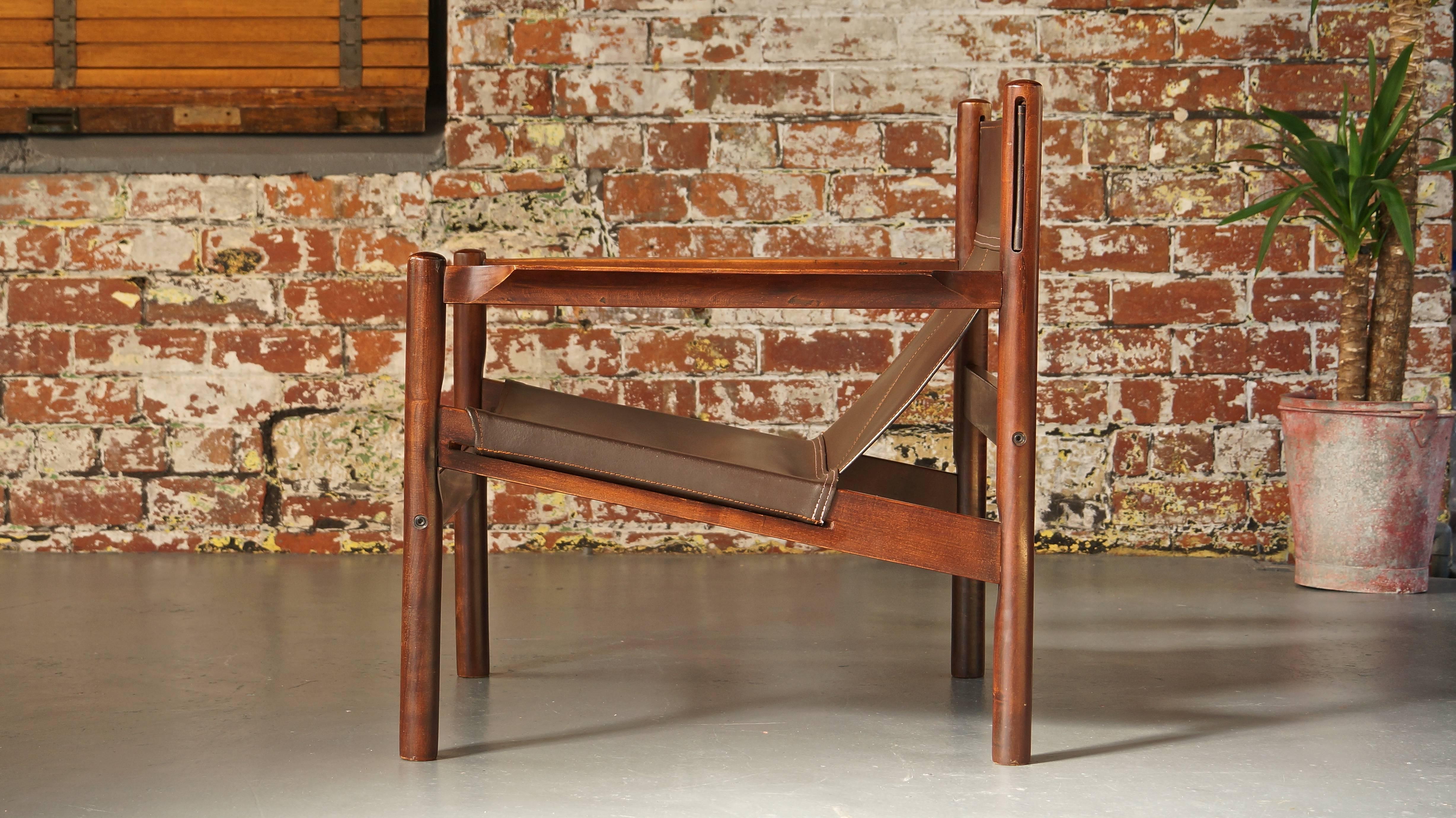 20th Century Michel Arnoult Roxinho Brown Leather Safari Chair or Sling Chair, Vintage, 1960
