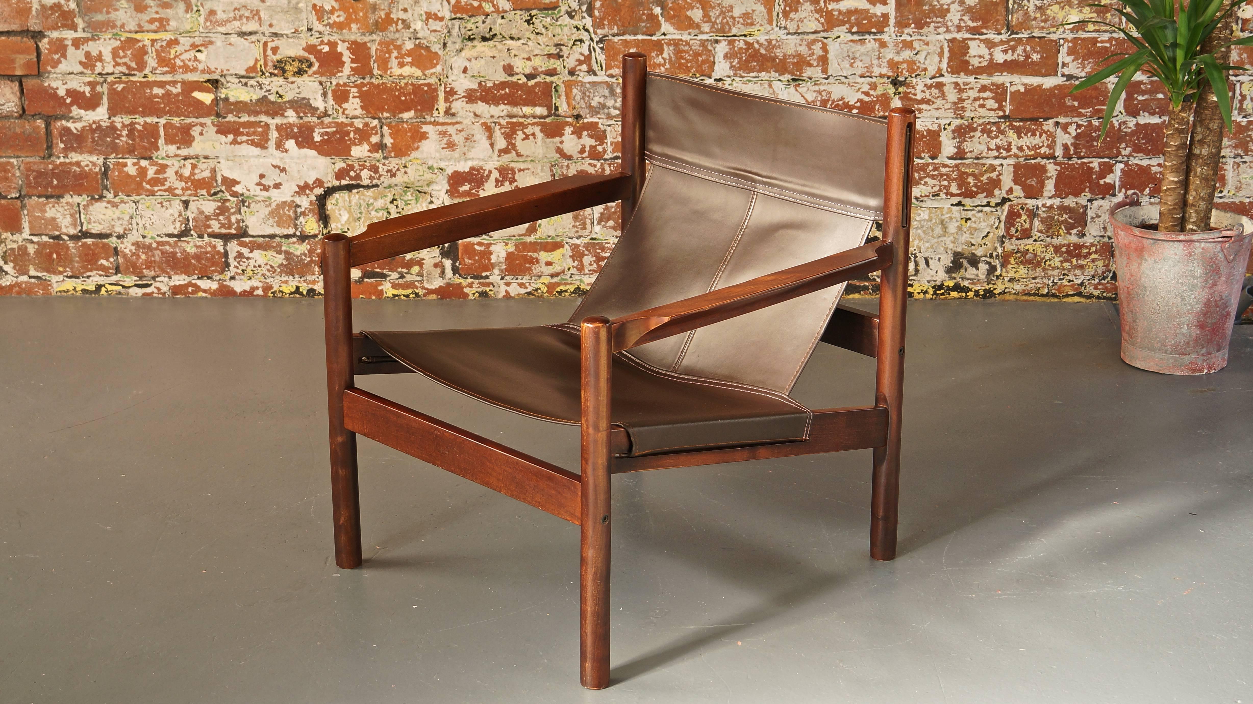 Michel Arnoult Roxinho Brown Leather Safari Chair or Sling Chair, Vintage, 1960 1
