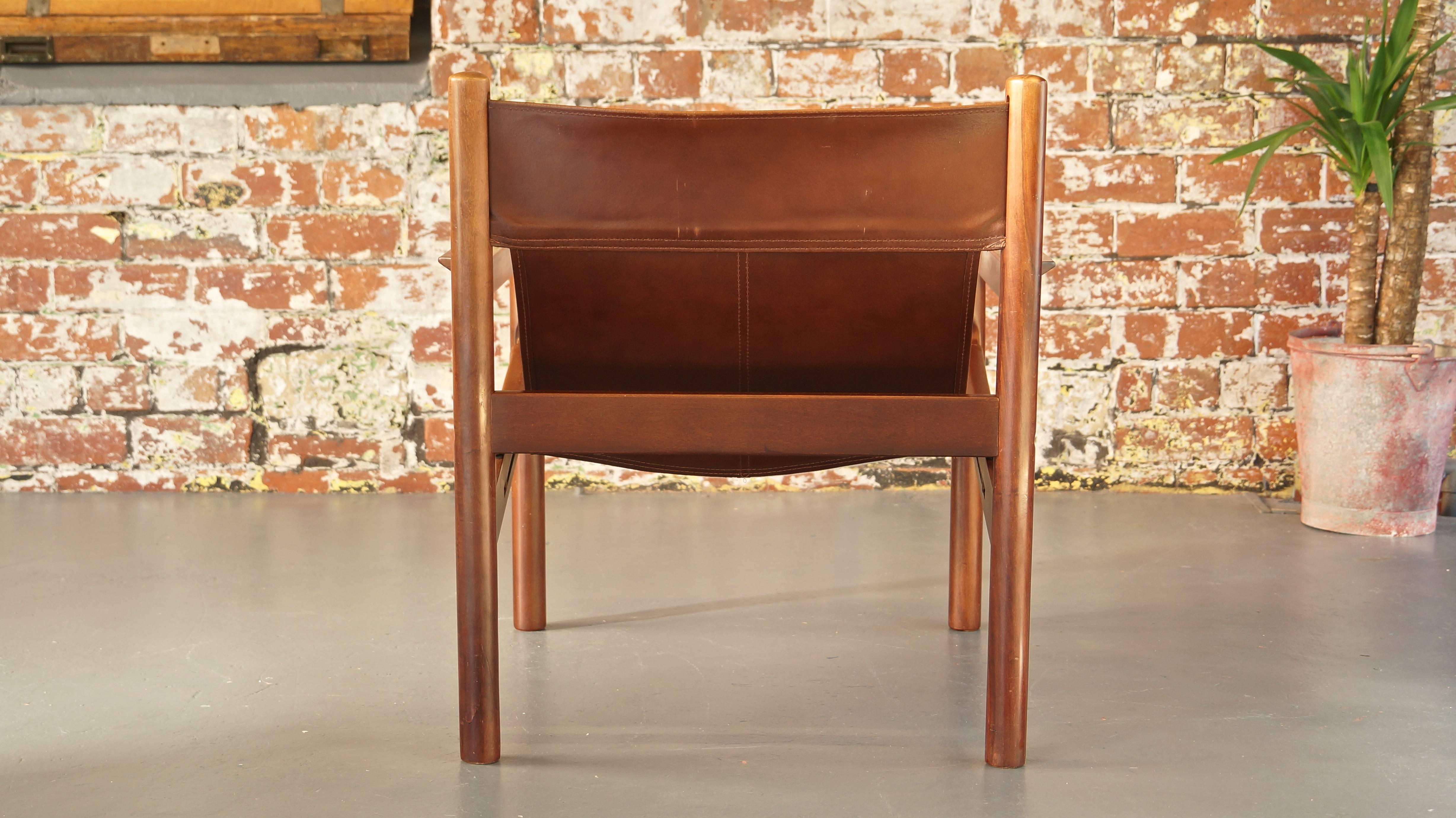 Mid-Century Modern Michel Arnoult Roxinho Tan Leather Safari Chair or Sling Chair, Vintage, 1960
