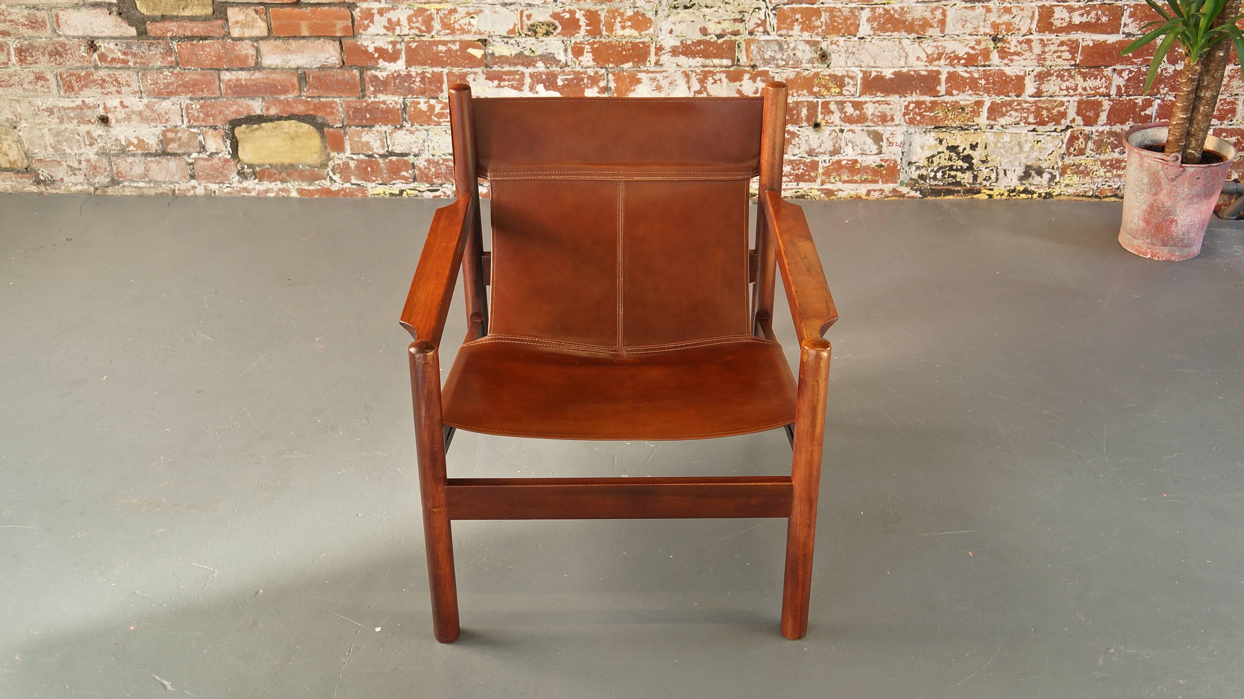 Michel Arnoult Roxinho Tan Leather Safari Chair or Sling Chair, Vintage, 1960 1