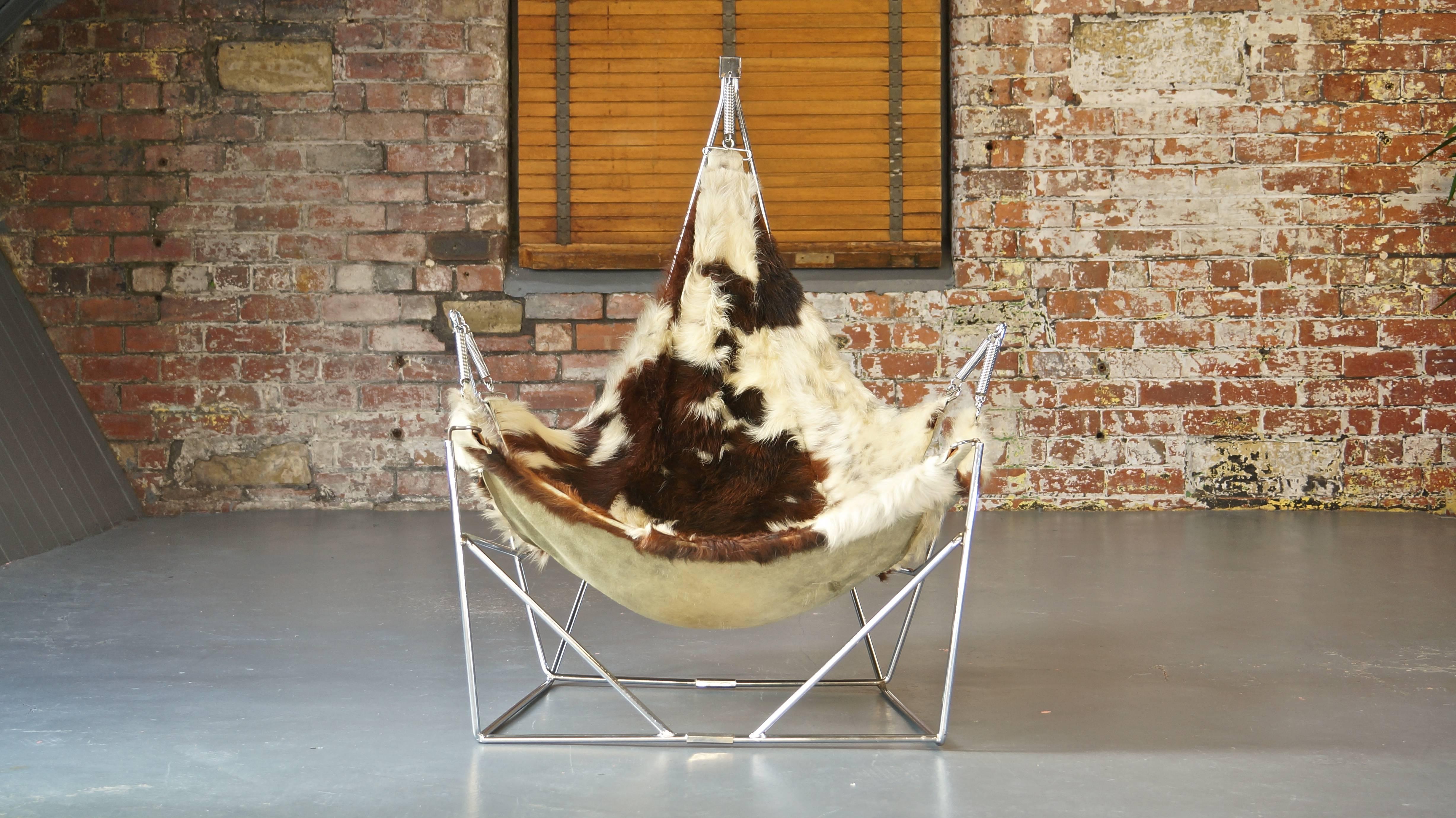 Rare Sculptural Metal Framed Cowhide Sling Lounge Chair, Pierre Paulin, France For Sale 3
