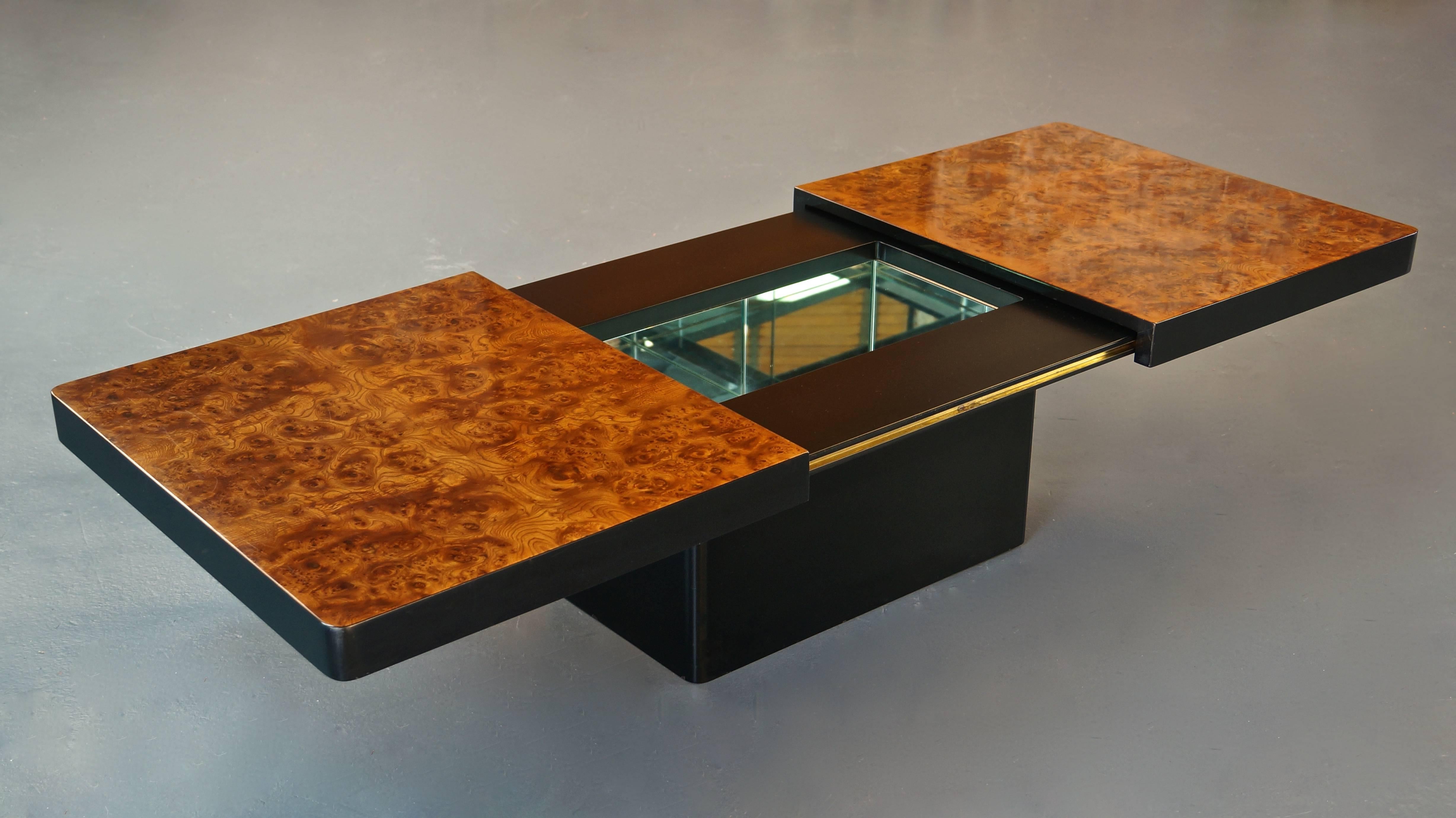Vintage burl wood coffee table with hidden drinks bar, attributed to Willy Rizzo.