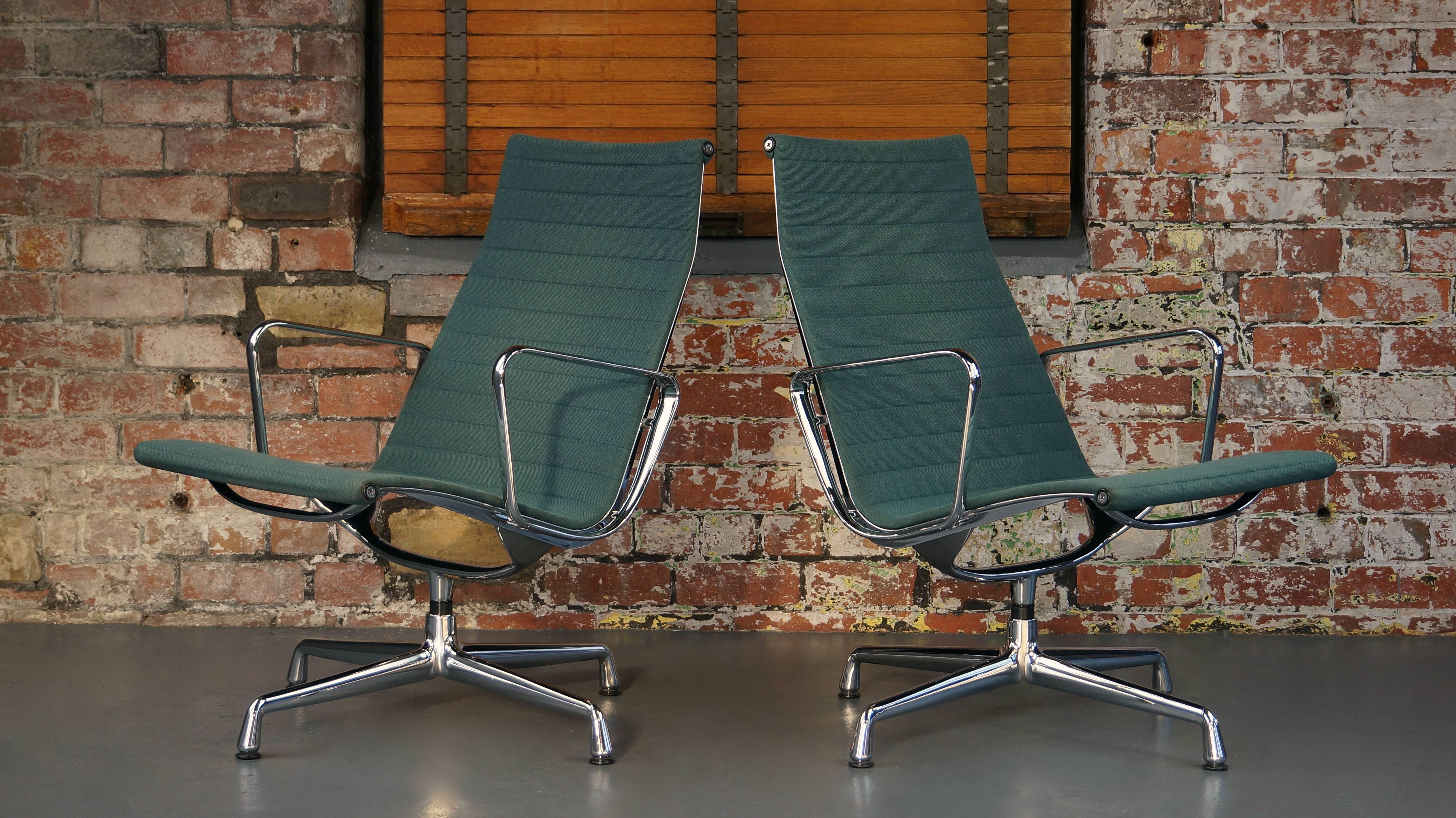 Designers: Charles and Ray Eames
Maker: Vitra - 1989
Design Year: 1958
Model: EA116 (high back, arms and swivel)

PAIR of Charles Eames EA 116 swivel hopsack lounge armchairs (Current New RRP £2100 each)

The EA 116 Aluminium Group easy chair from