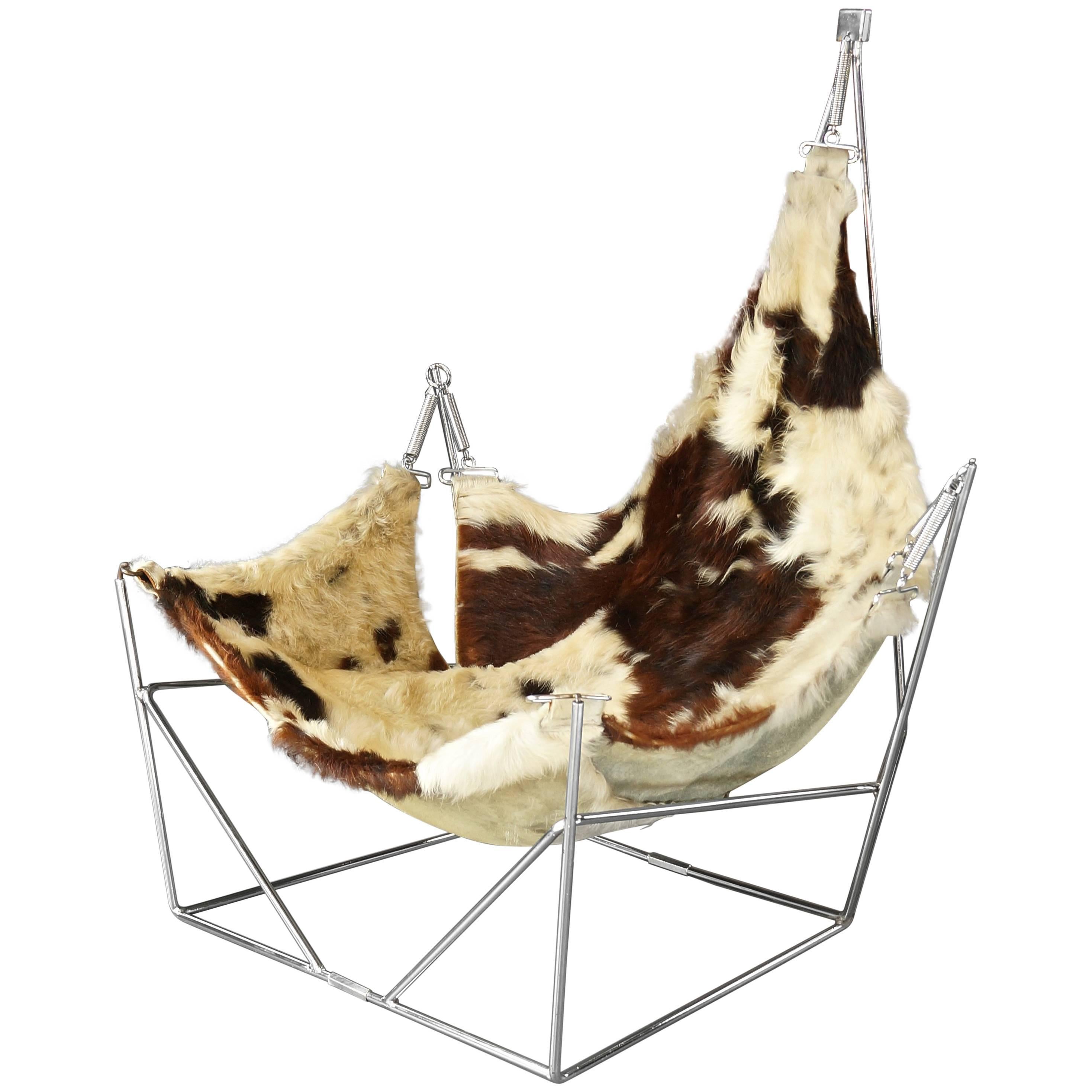 Rare Sculptural Metal Framed Cowhide Sling Lounge Chair, Pierre Paulin, France For Sale