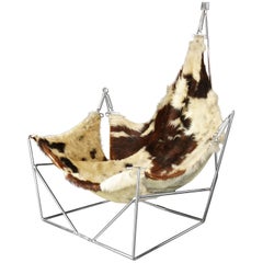 Rare Sculptural Metal Framed Cowhide Sling Lounge Chair, Pierre Paulin, France