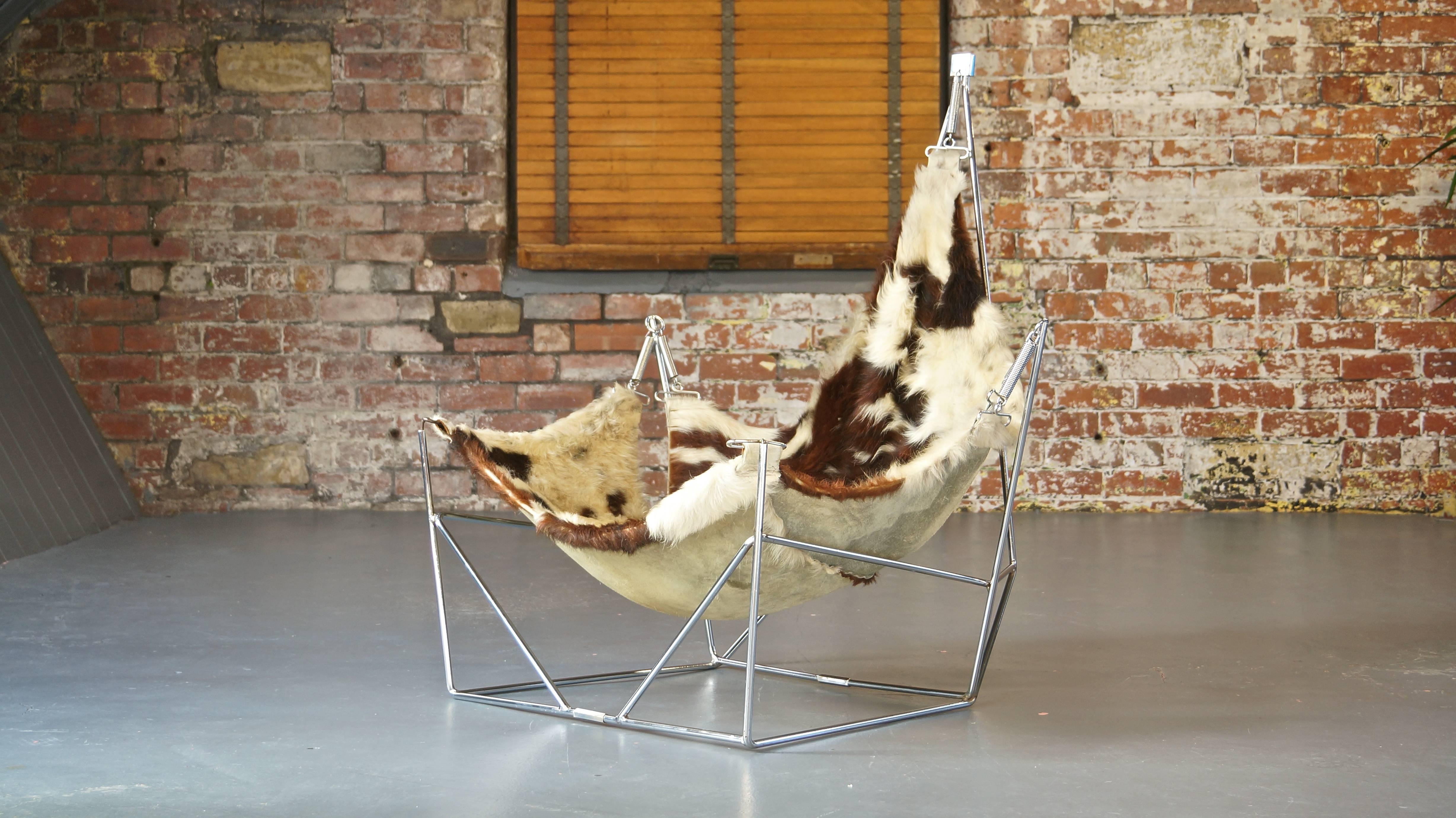 Mid-Century Modern Rare Sculptural Metal Framed Cowhide Sling Lounge Chair, Pierre Paulin, France For Sale