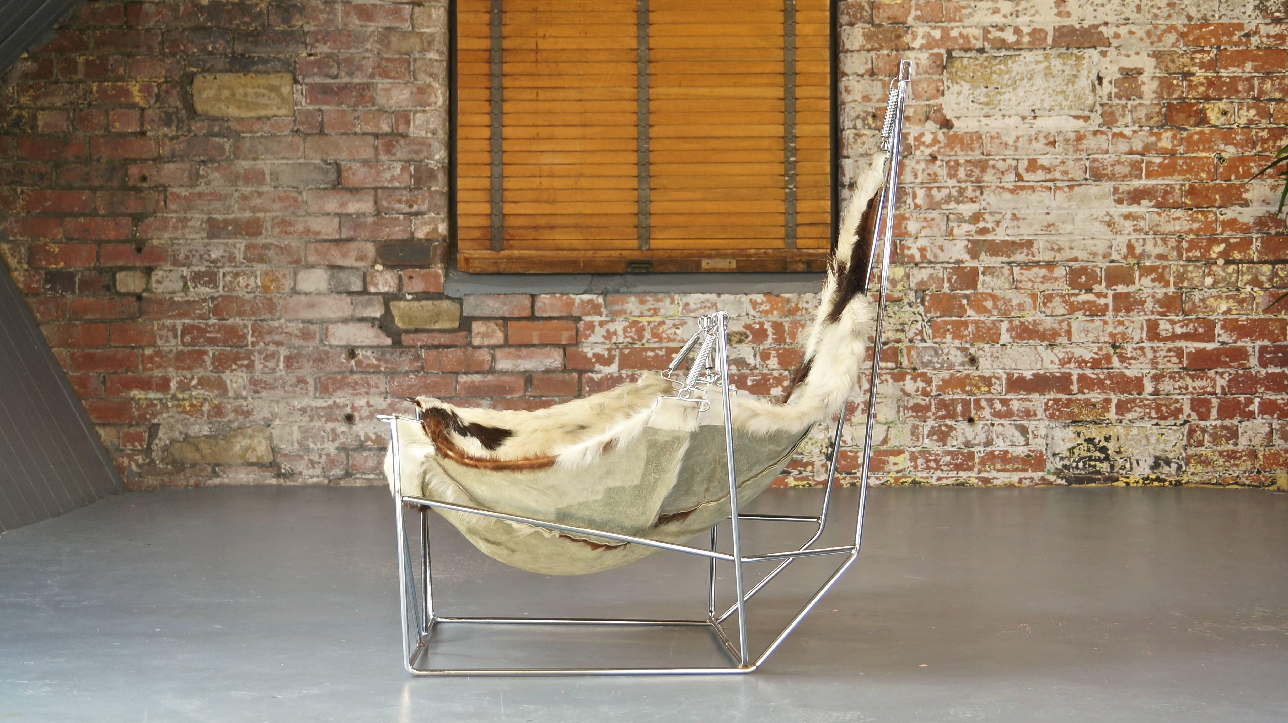French Rare Sculptural Metal Framed Cowhide Sling Lounge Chair, Pierre Paulin, France For Sale