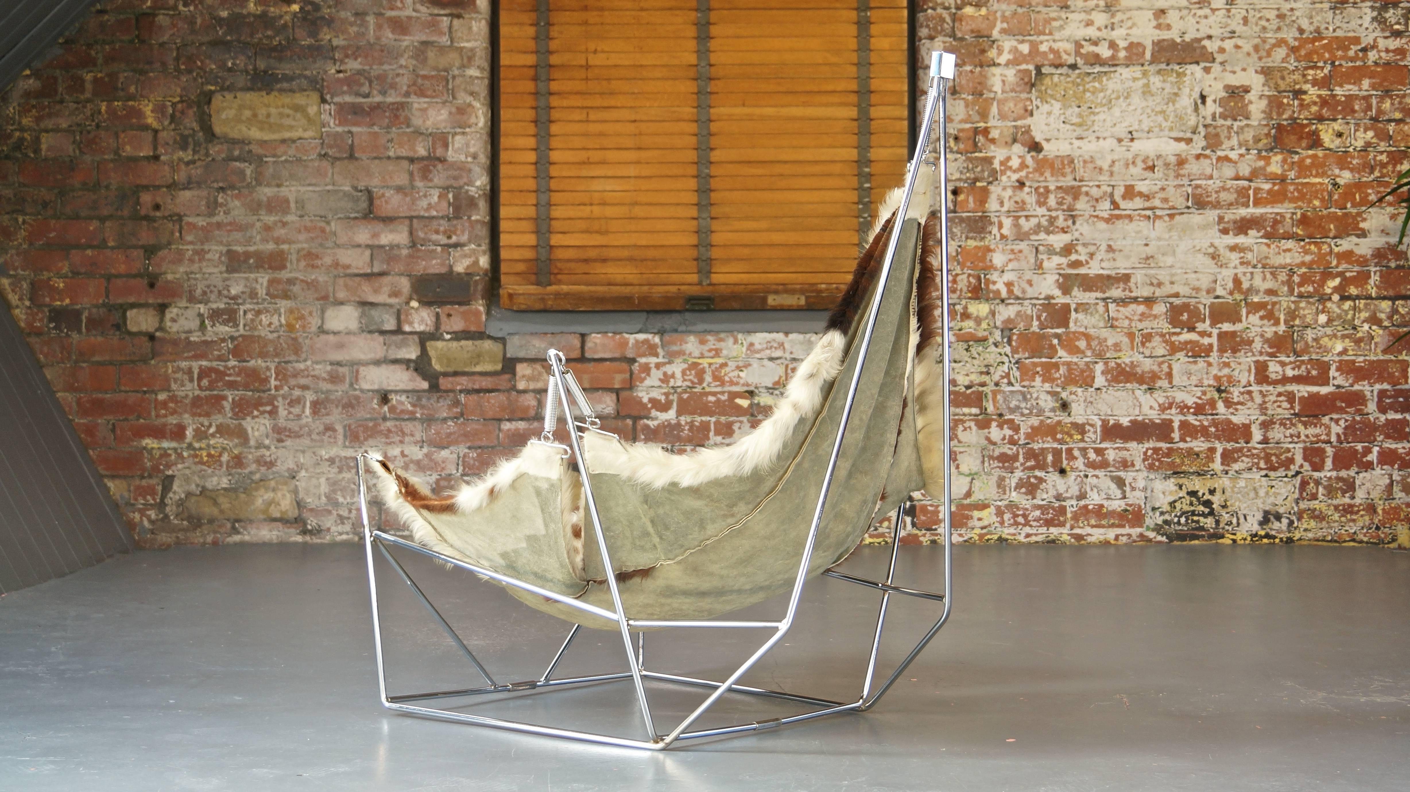 Rare Sculptural Metal Framed Cowhide Sling Lounge Chair, Pierre Paulin, France In Good Condition For Sale In Huddersfield, GB