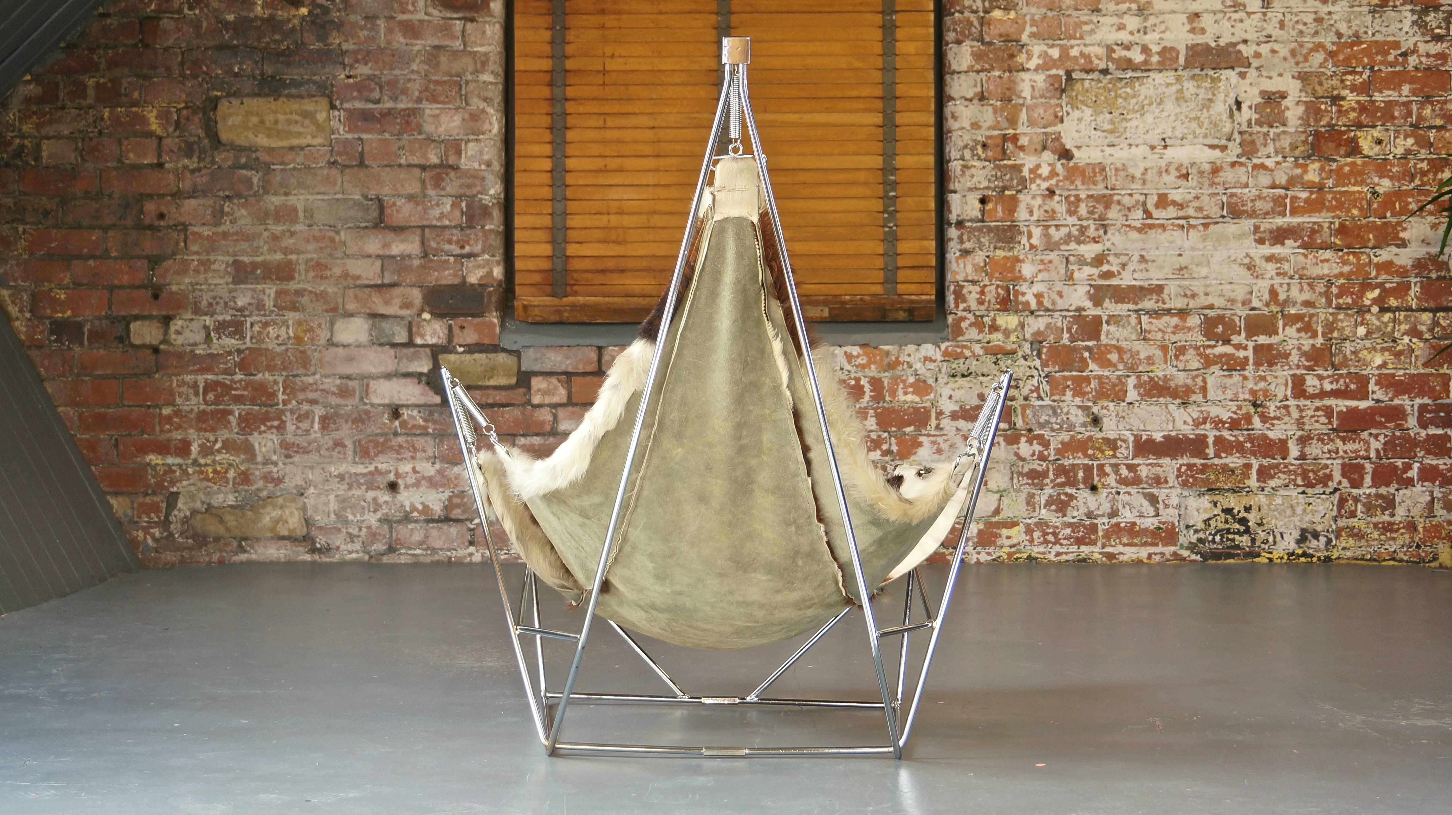 20th Century Rare Sculptural Metal Framed Cowhide Sling Lounge Chair, Pierre Paulin, France For Sale