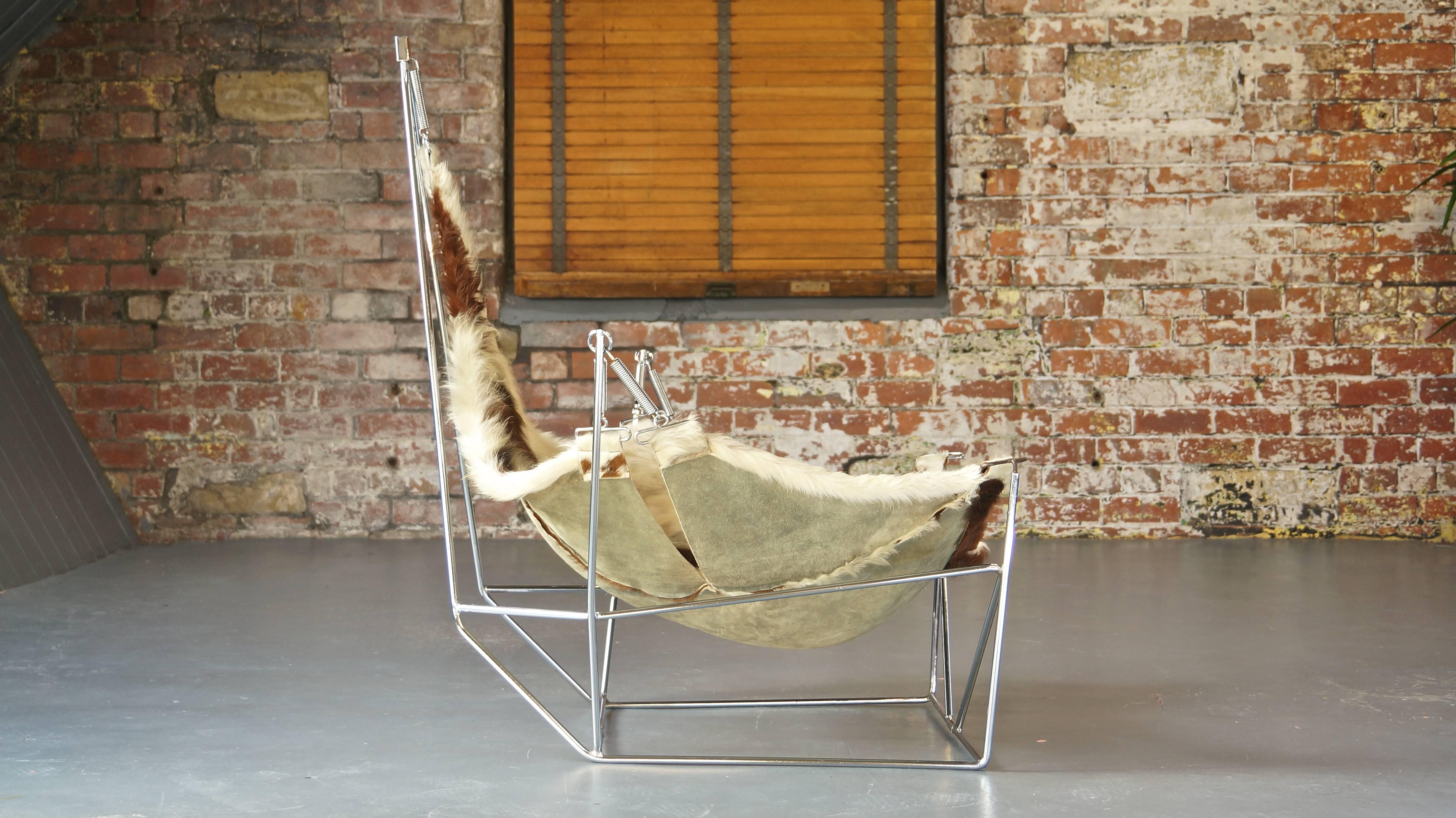 Rare Sculptural Metal Framed Cowhide Sling Lounge Chair, Pierre Paulin, France For Sale 1