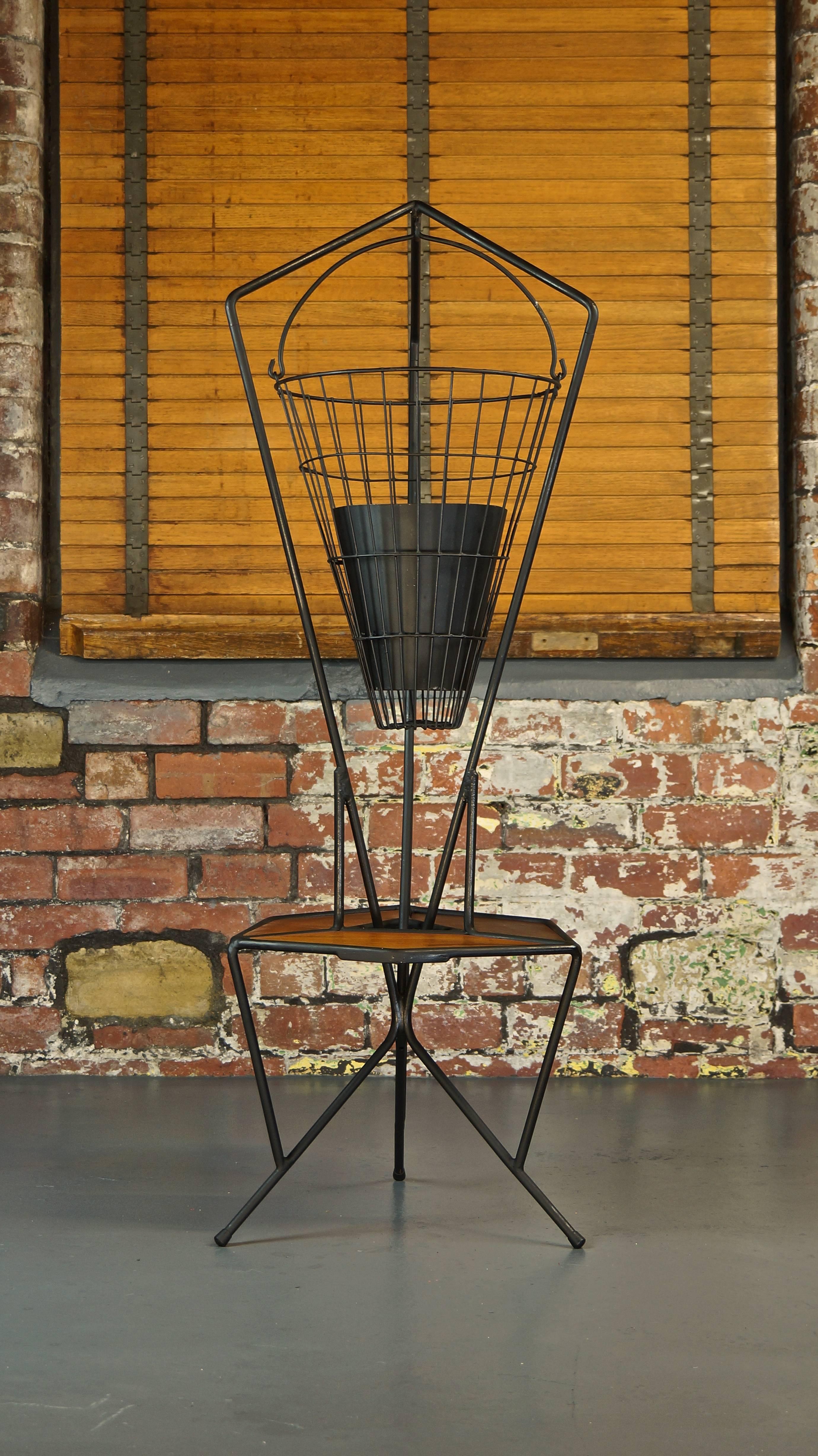 European Midcentury Vintage 1960s Iron and Teak Hanging Planter, Plant Stand, Side Table For Sale