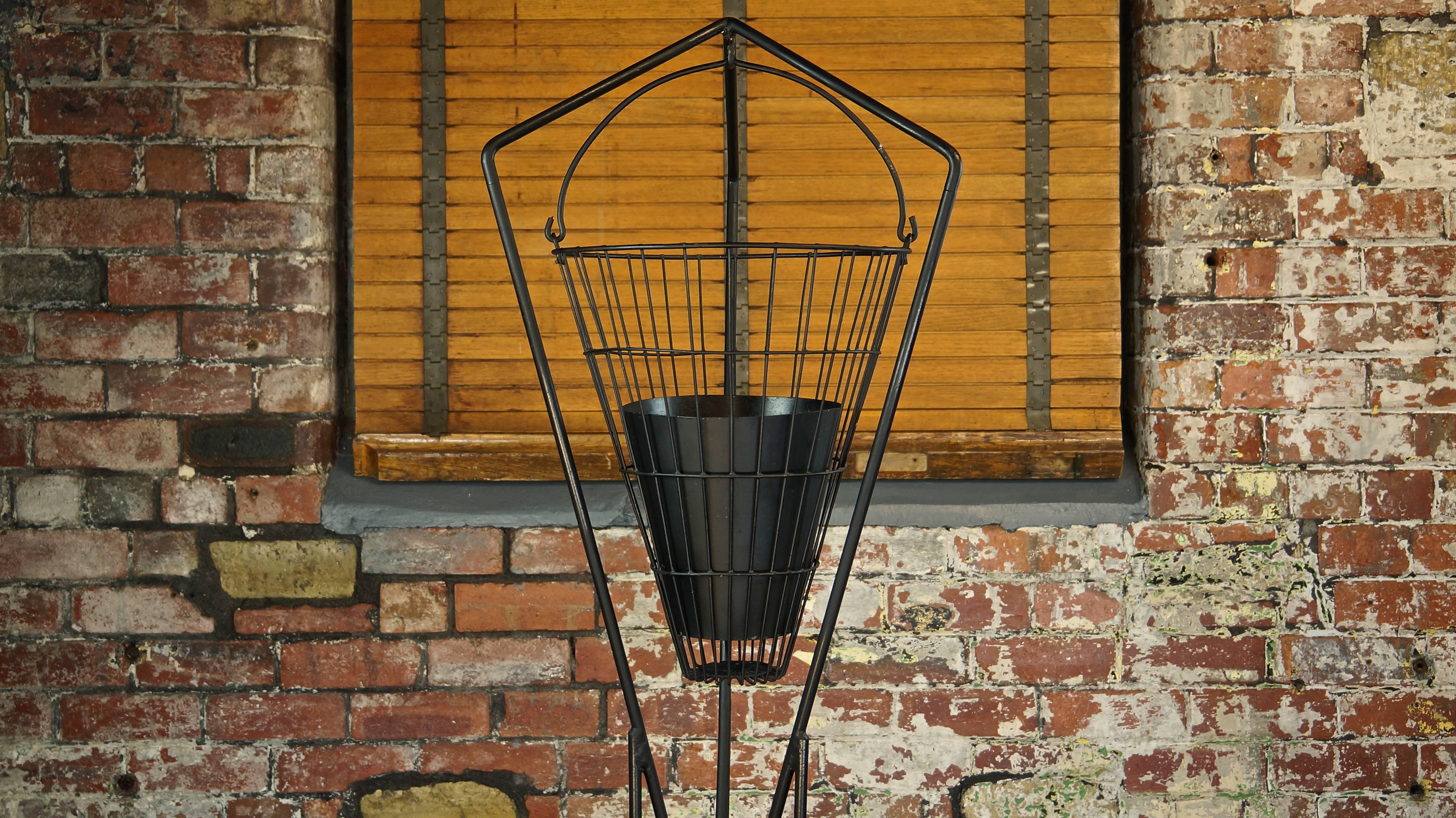 Mid-20th Century Midcentury Vintage 1960s Iron and Teak Hanging Planter, Plant Stand, Side Table For Sale