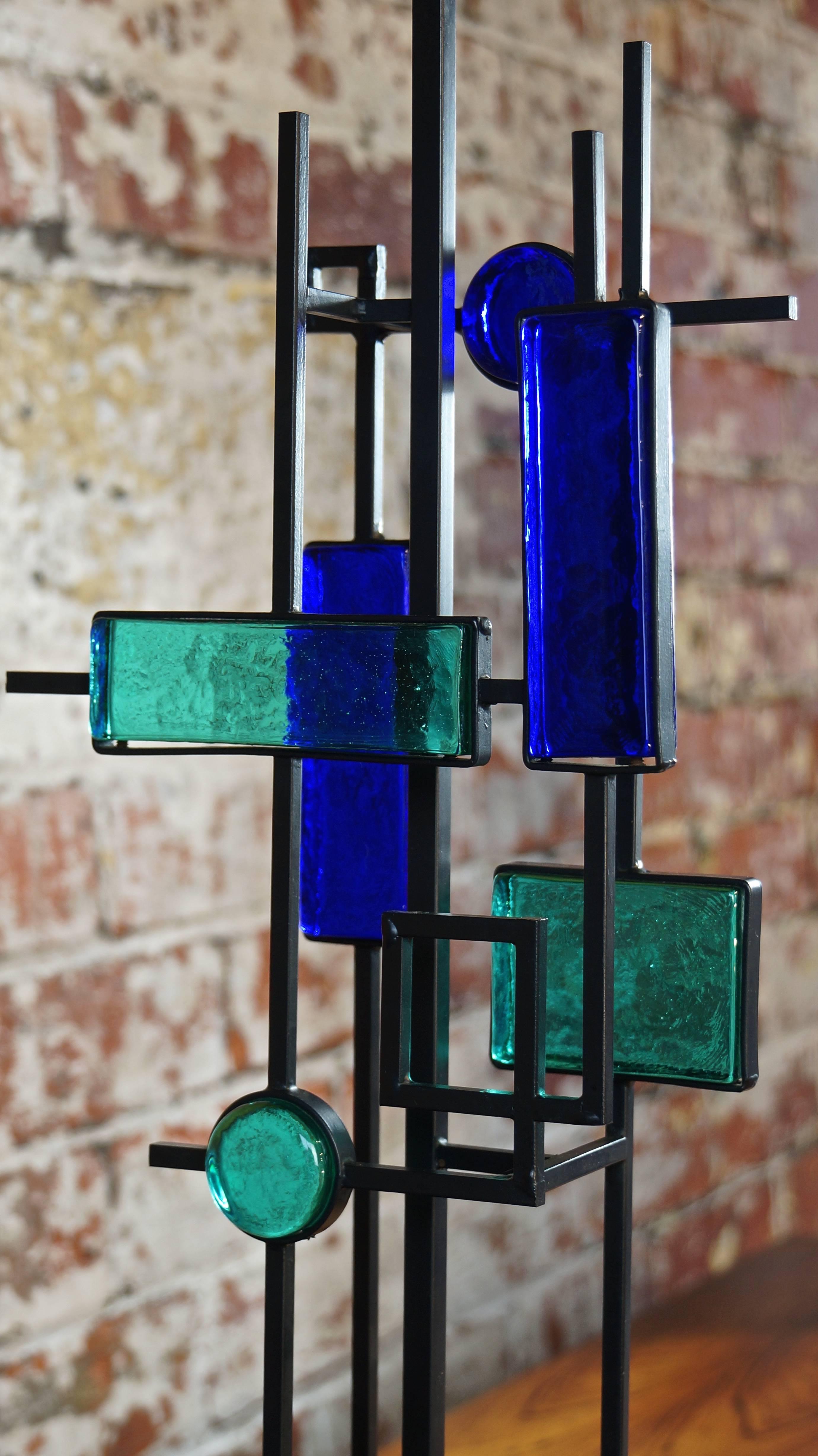 Vintage Geometric Table Lamp Iron Frame & Blue Glass by Svend Aage Holm Sorensen In Good Condition In Huddersfield, GB