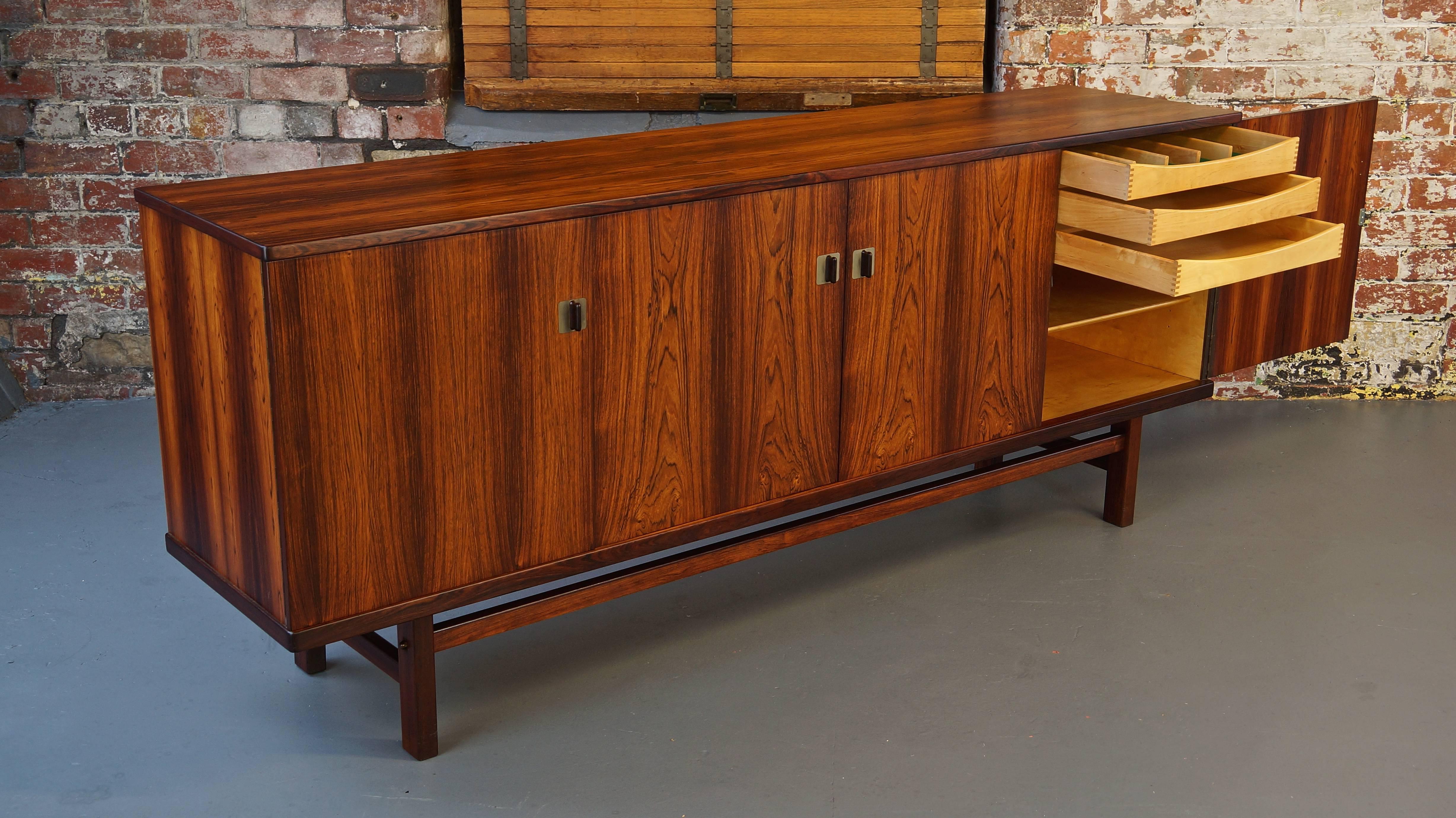 Brass Danish Rosewood Credenza or Sideboard by Nils Jonsson