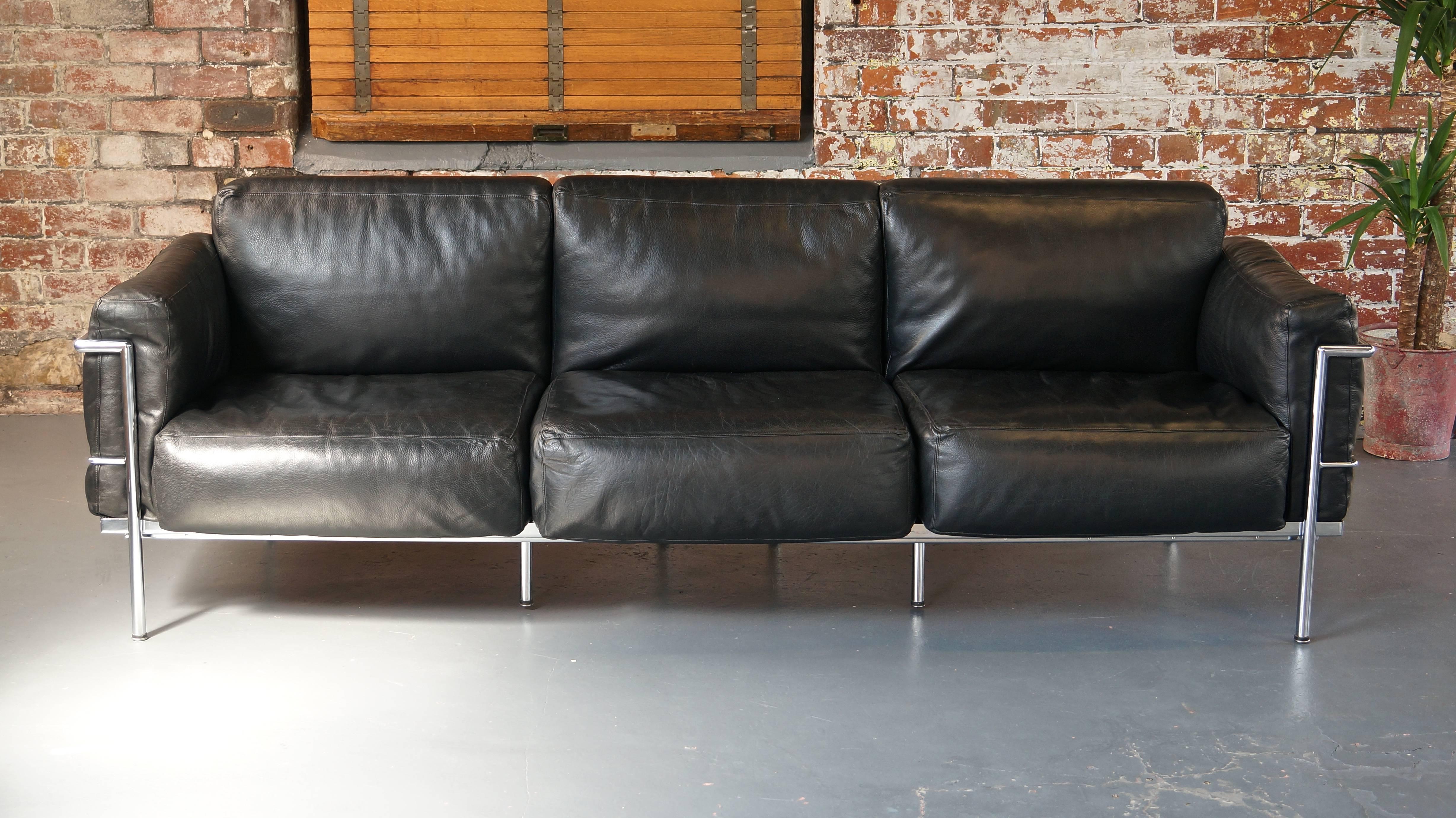 Steel Vintage Black Leather Grand Confort LC3 Three-Seat Sofa, Le Corbusier