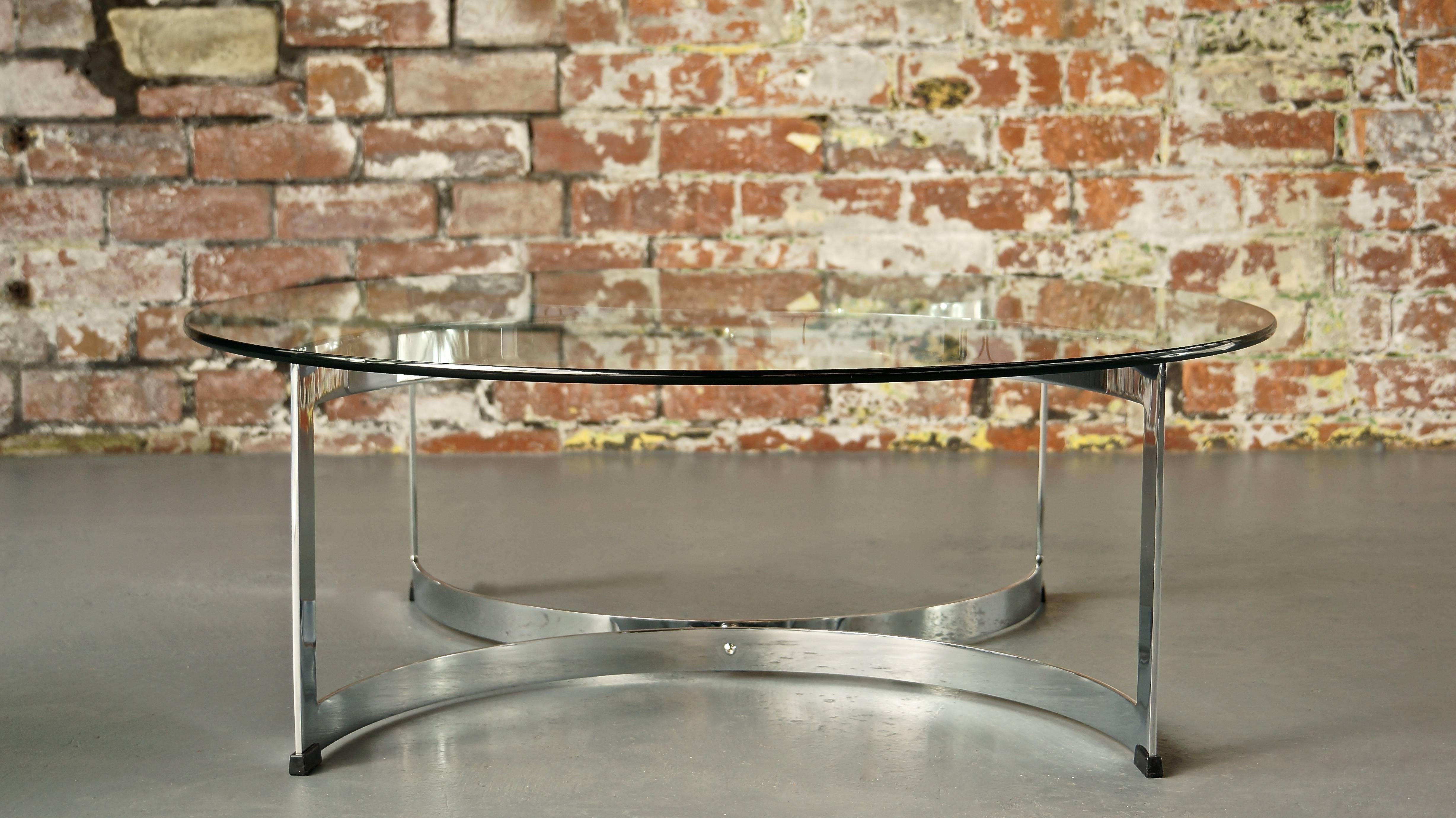 British Vintage Model 341C Chrome Steel Glass Circular Coffee Table, Merrow Associates