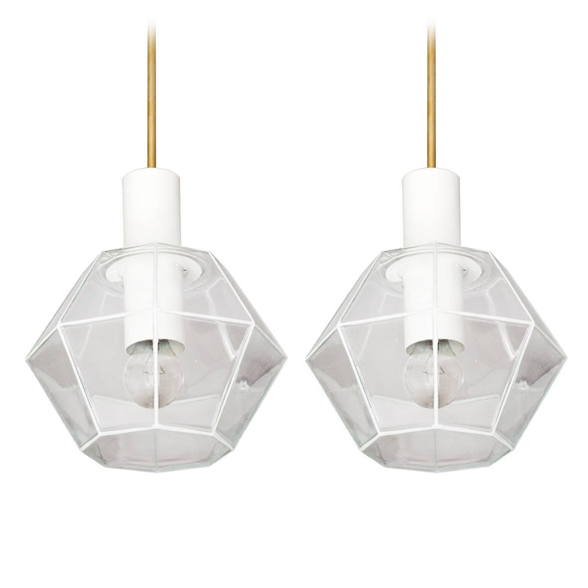 Pair of German Vintage Art Deco Style Glass Metal Pendants Ceiling Lights 1960s