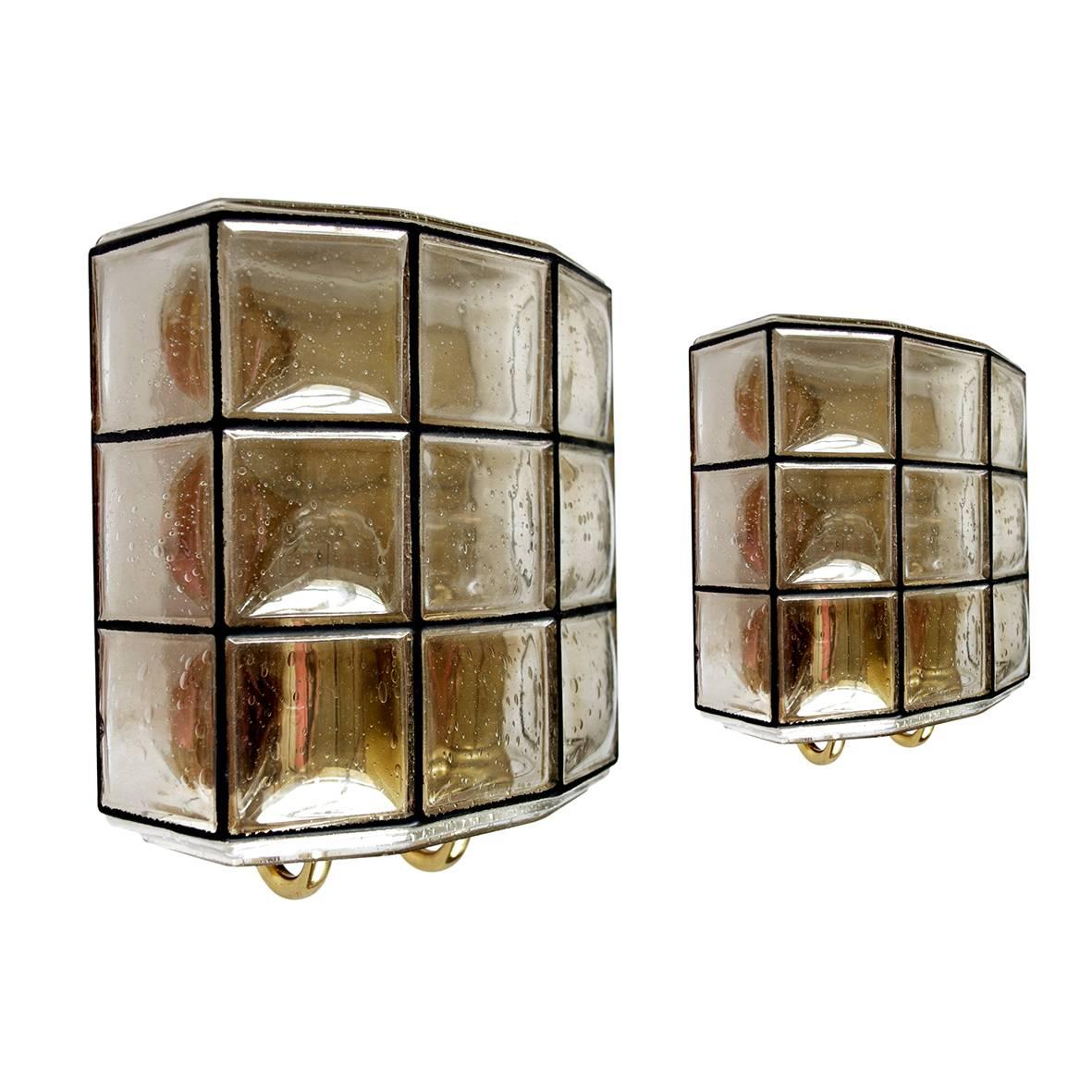 Pair of German Vintage Bubble Glassand Brass Sconces Wall Lights, 1960s