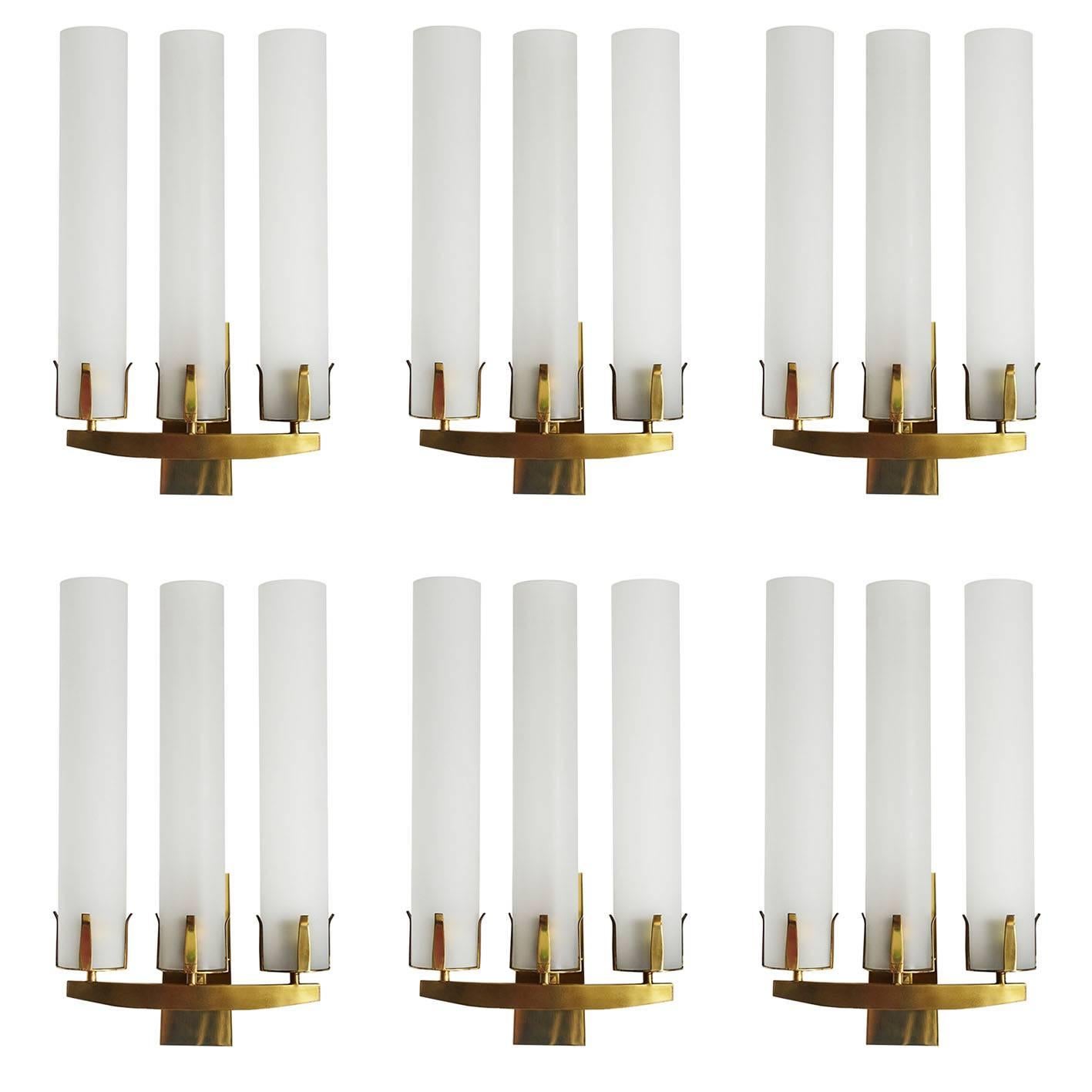 Seven French Huge Glass and Solid Brass Wall Lights Sconces 1950s For Sale