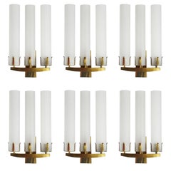 Seven French Huge Glass and Solid Brass Wall Lights Sconces 1950s