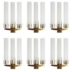 Rare Set of Seven Huge Glass and Solid Brass Wall Lights Sconces France, 1950s 12