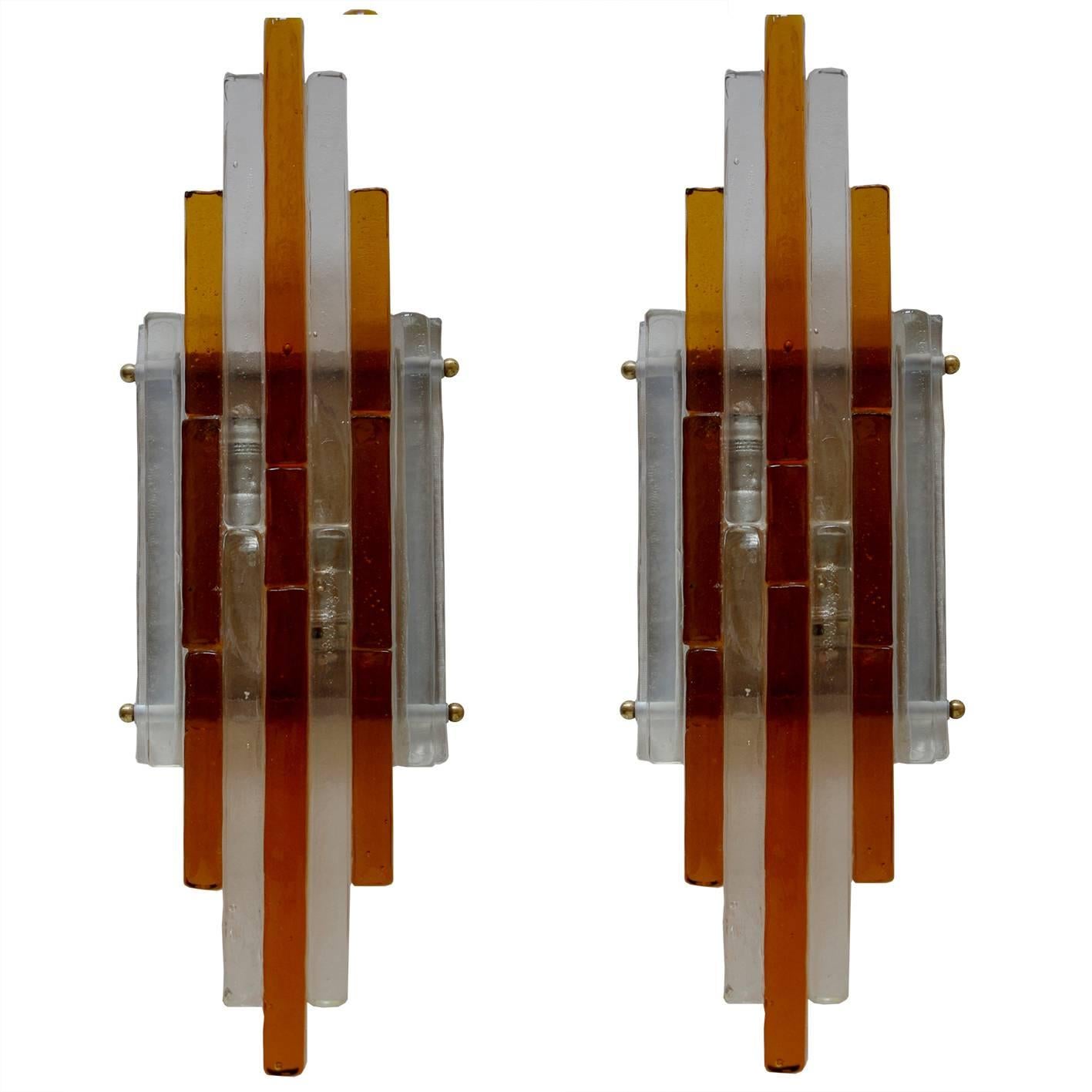 Pair of Large Sculptural Murano Glass Wall Flush Mounts Sconcesby Poliarte 1960s
