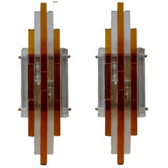 Pair of Large Sculptural Murano Glass Wall Flush Mounts Sconcesby Poliarte 1960s