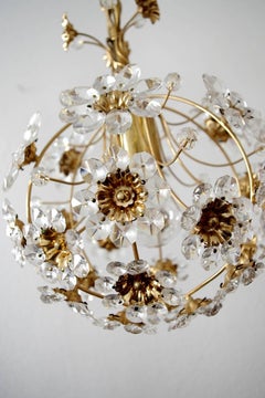 Pair of German Vintage Crystal Glass and Gold Brass Chandeliers Pendants, 1960s