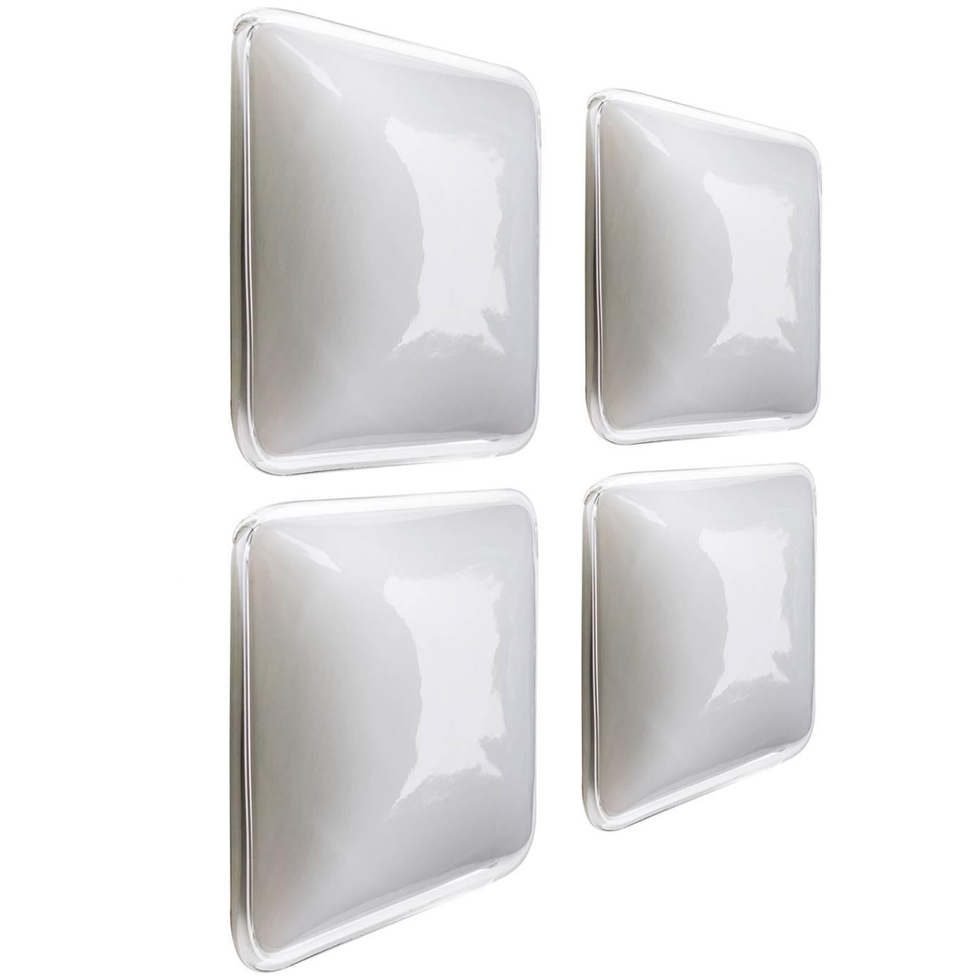 Four Italian Vintage Square Blown Glass Wall Ceiling Lights Flush Mounts 60s 3