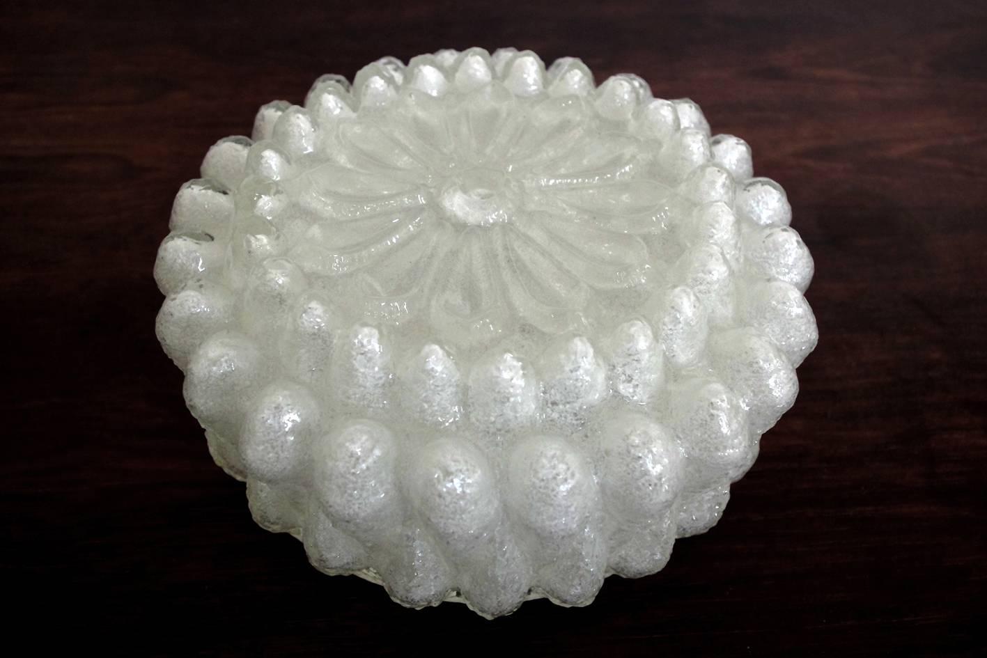 German Rare Vintage White Crystal Glass Ceiling or Wall Flush Mount 1960s For Sale