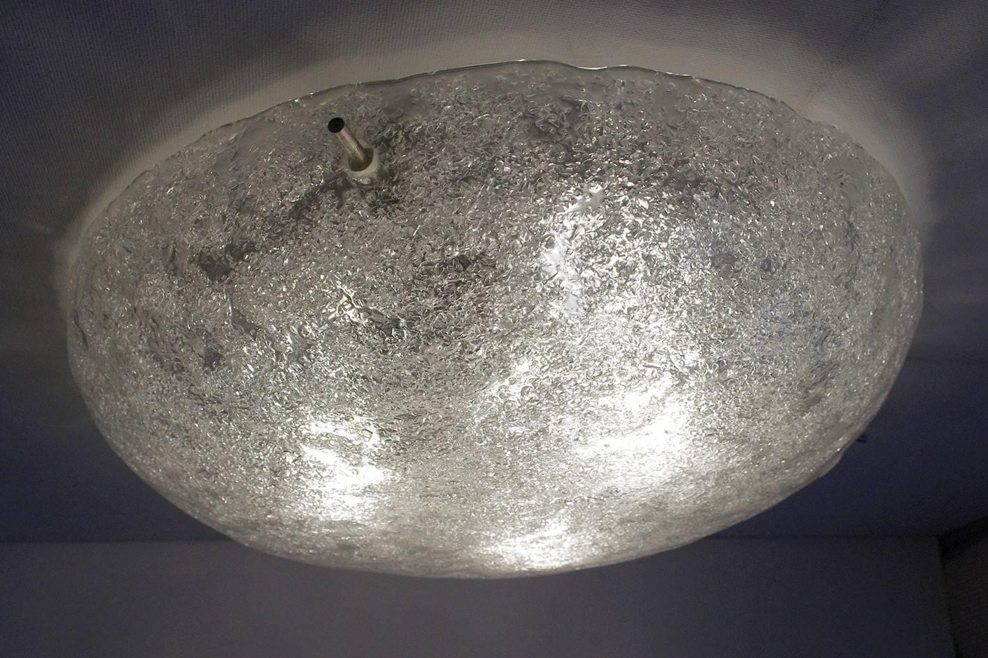 Mid-Century Modern Amazing German Vintage Textured Ice Glass Flush Mount Ceiling Lamp 1960s