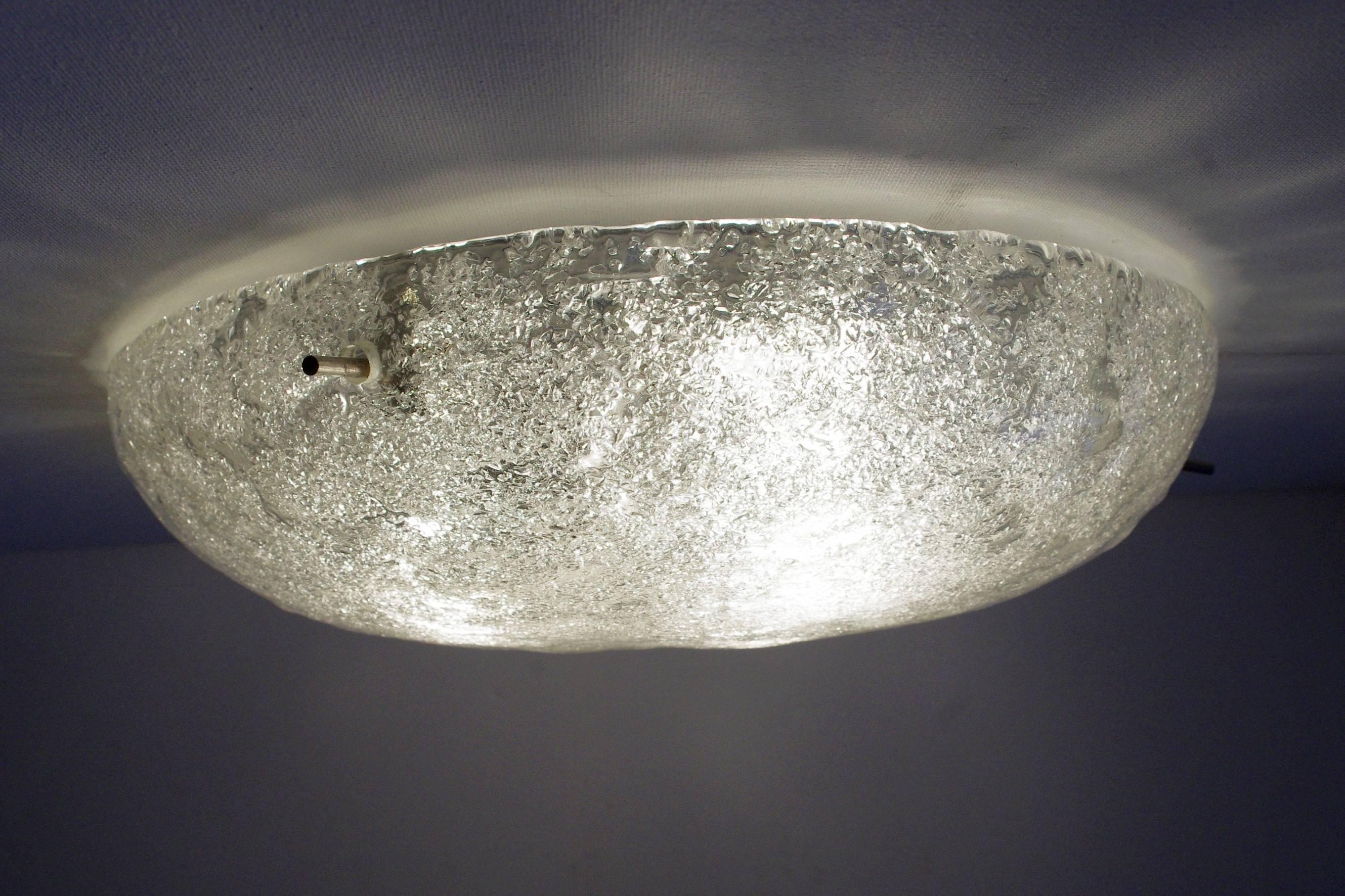 Amazing German Vintage Textured Ice Glass Flush Mount Ceiling Lamp 1960s 1