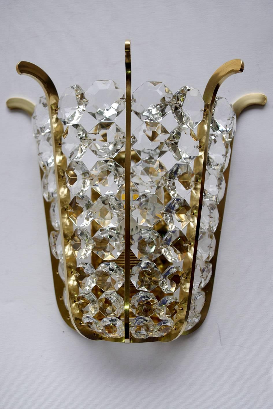 Hollywood Regency Very Beautiful and Rare Pair of Crystal Glass and Brass Sconces, Austria, 1950s For Sale