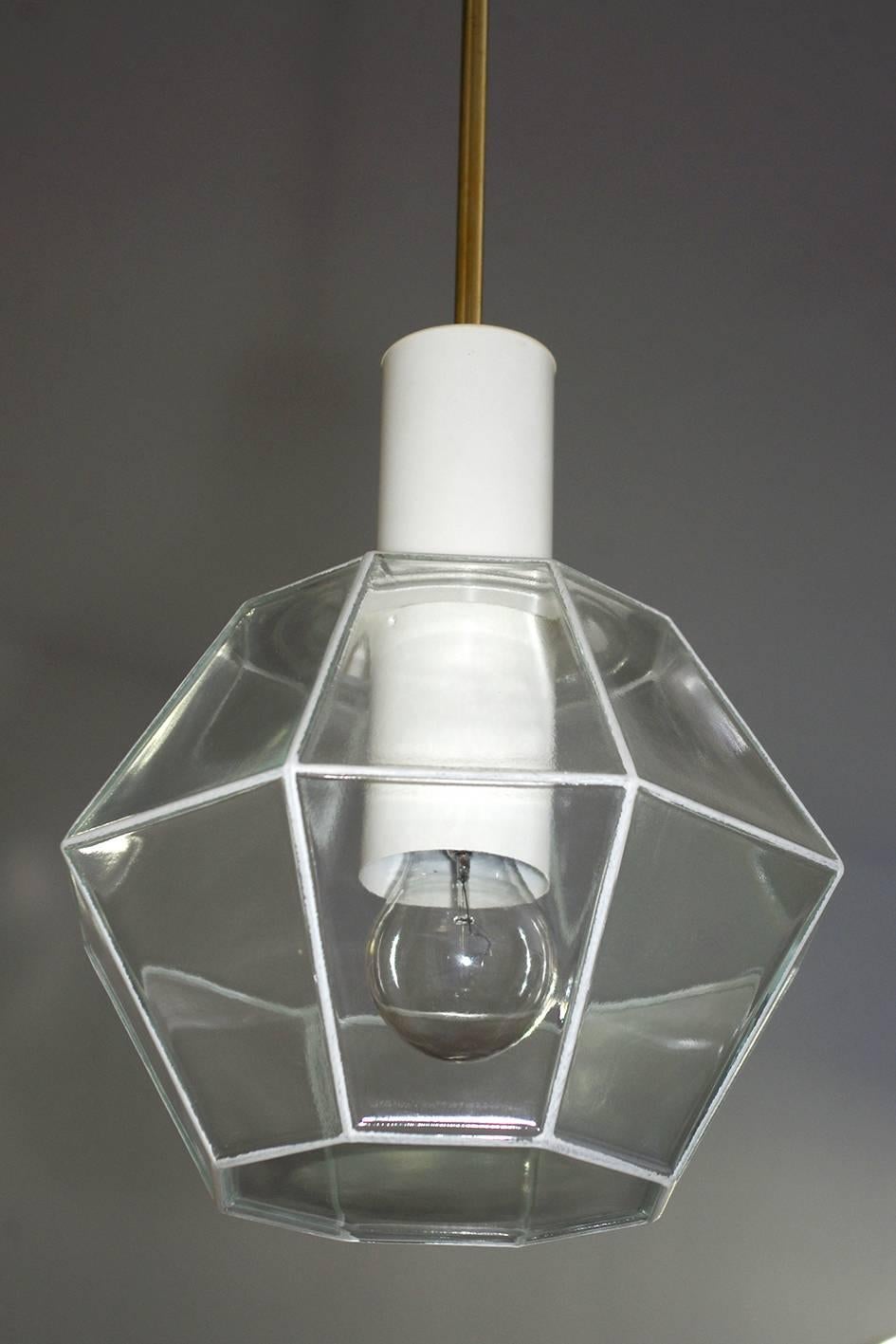 Pair of hand blown glass and white lacquered metal pendants (or flush mounts on request).
Germany, 1960s.
Lamp sockets: 1x E27 (US E26)
Height (body): 12 In (30 cm)